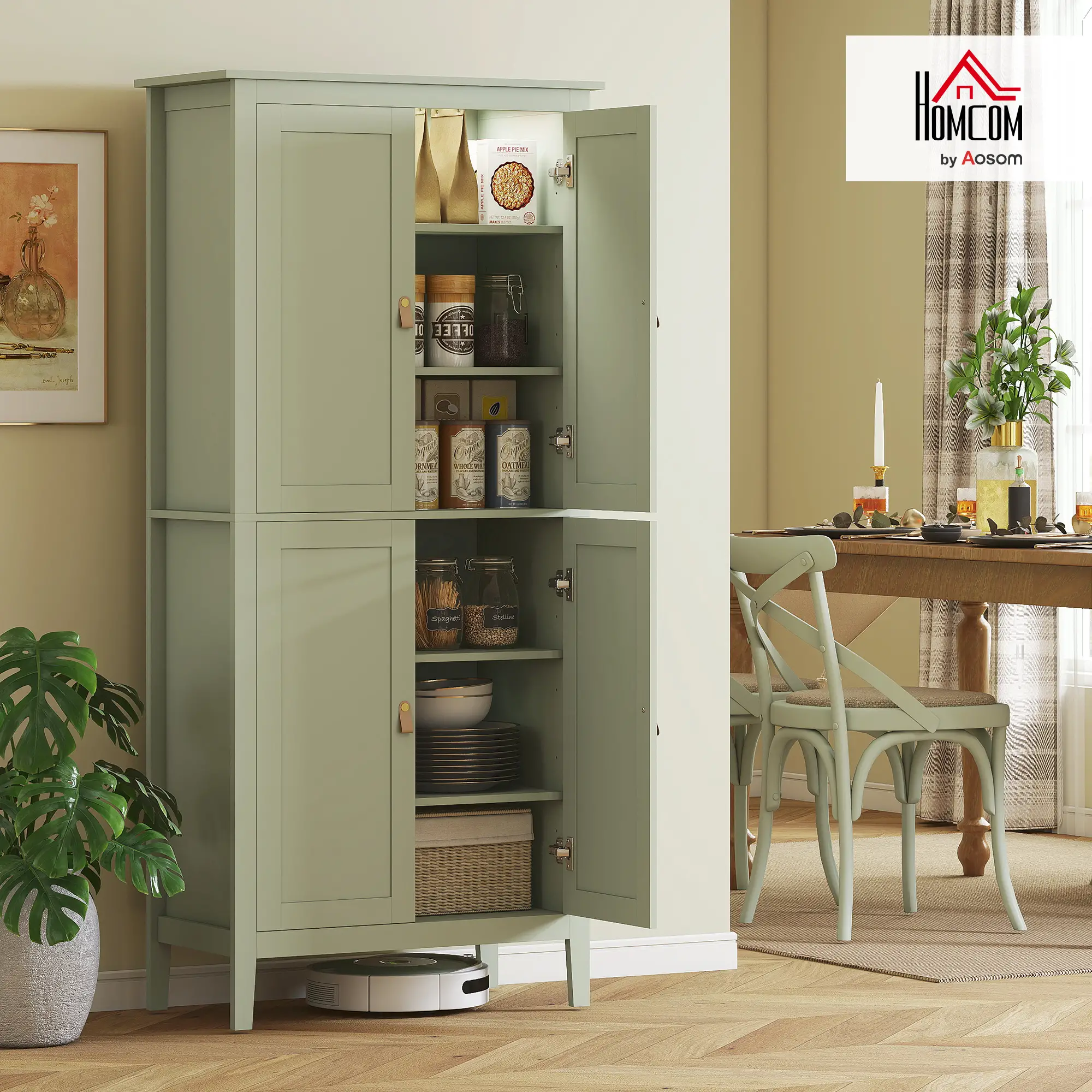 69.5" Tall Kitchen Pantry Cabinet, Motion Sensor LED Light, Green - Image 10