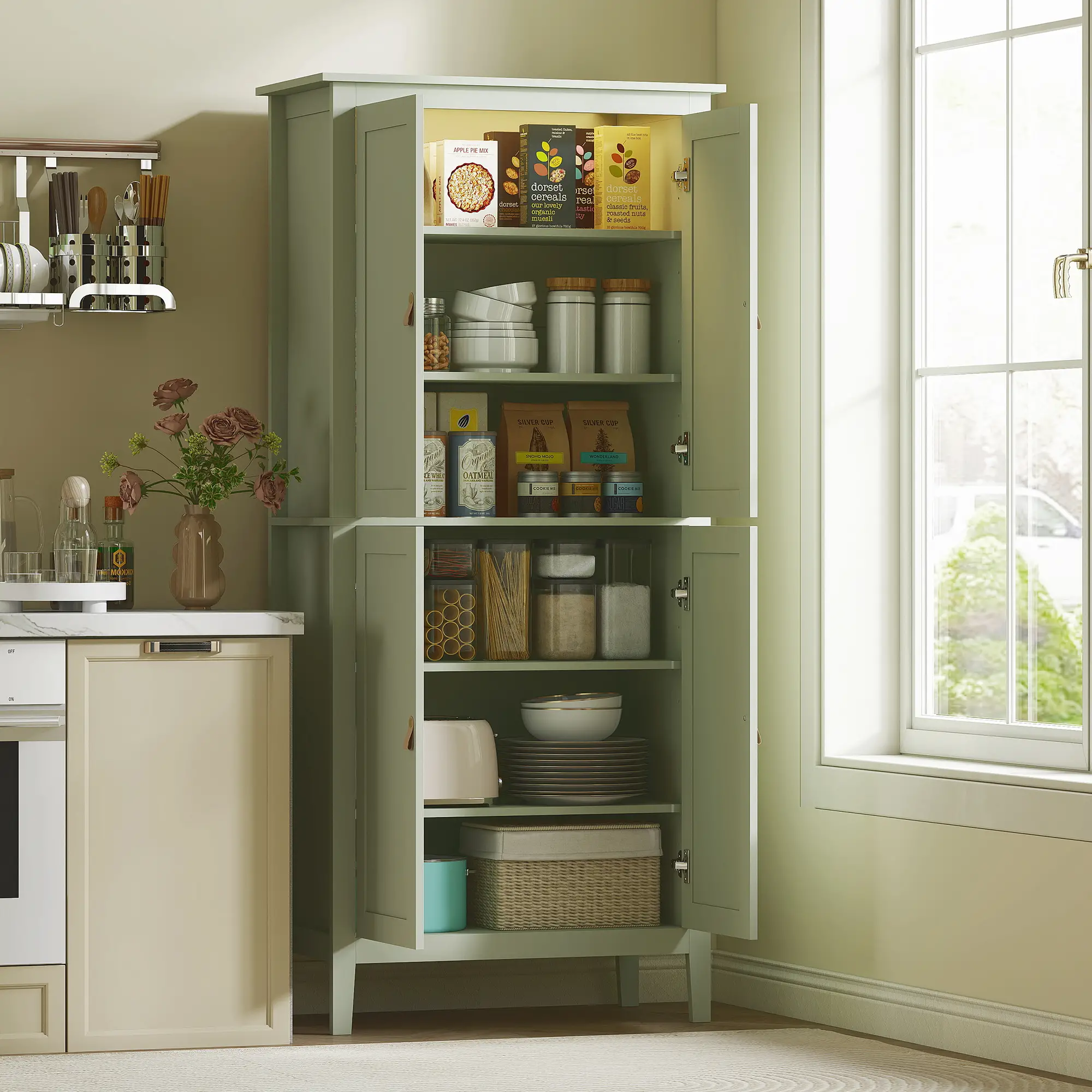 69.5" Tall Kitchen Pantry Cabinet, Motion Sensor LED Light, Green - Image 2