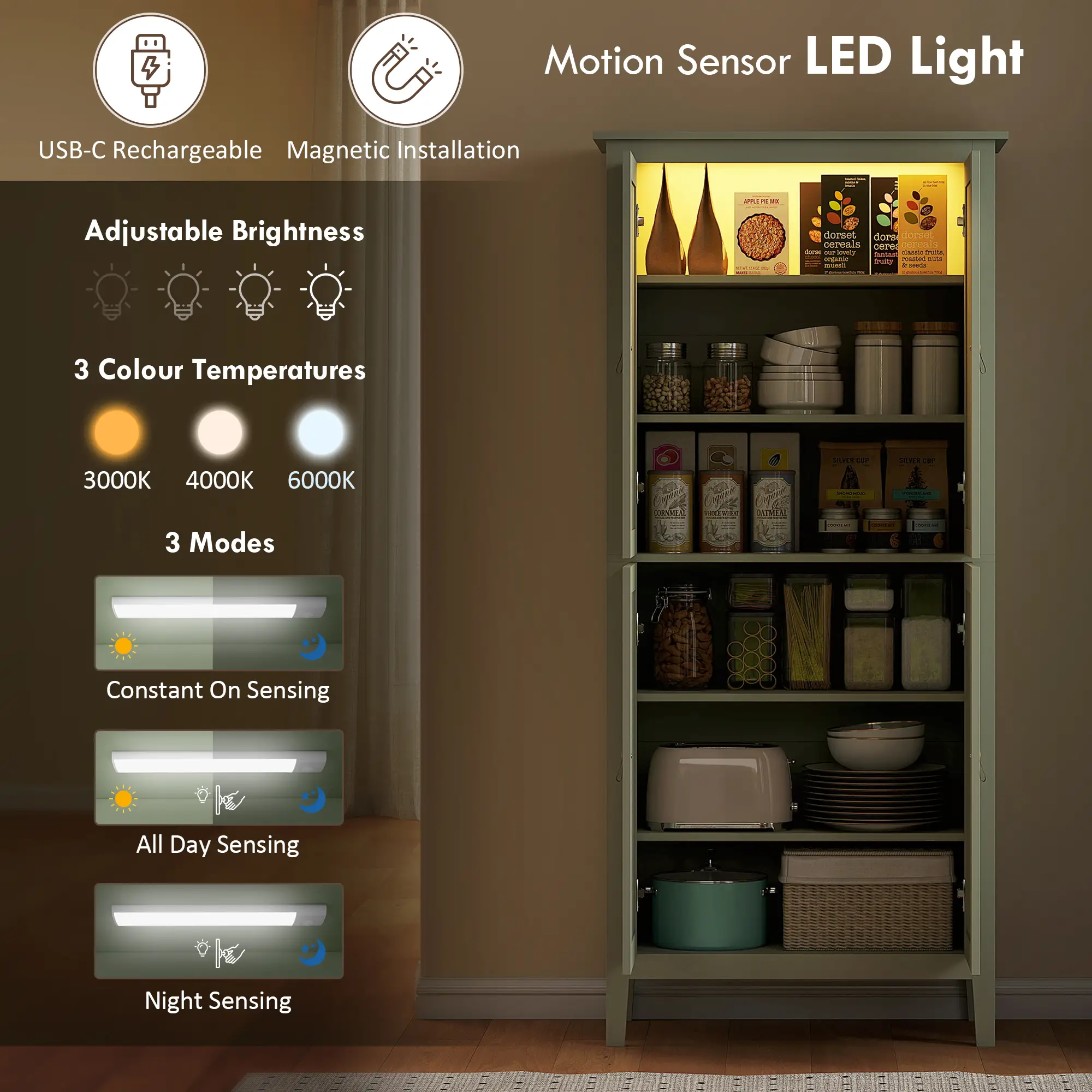 69.5" Tall Kitchen Pantry Cabinet, Motion Sensor LED Light, Green - Image 4