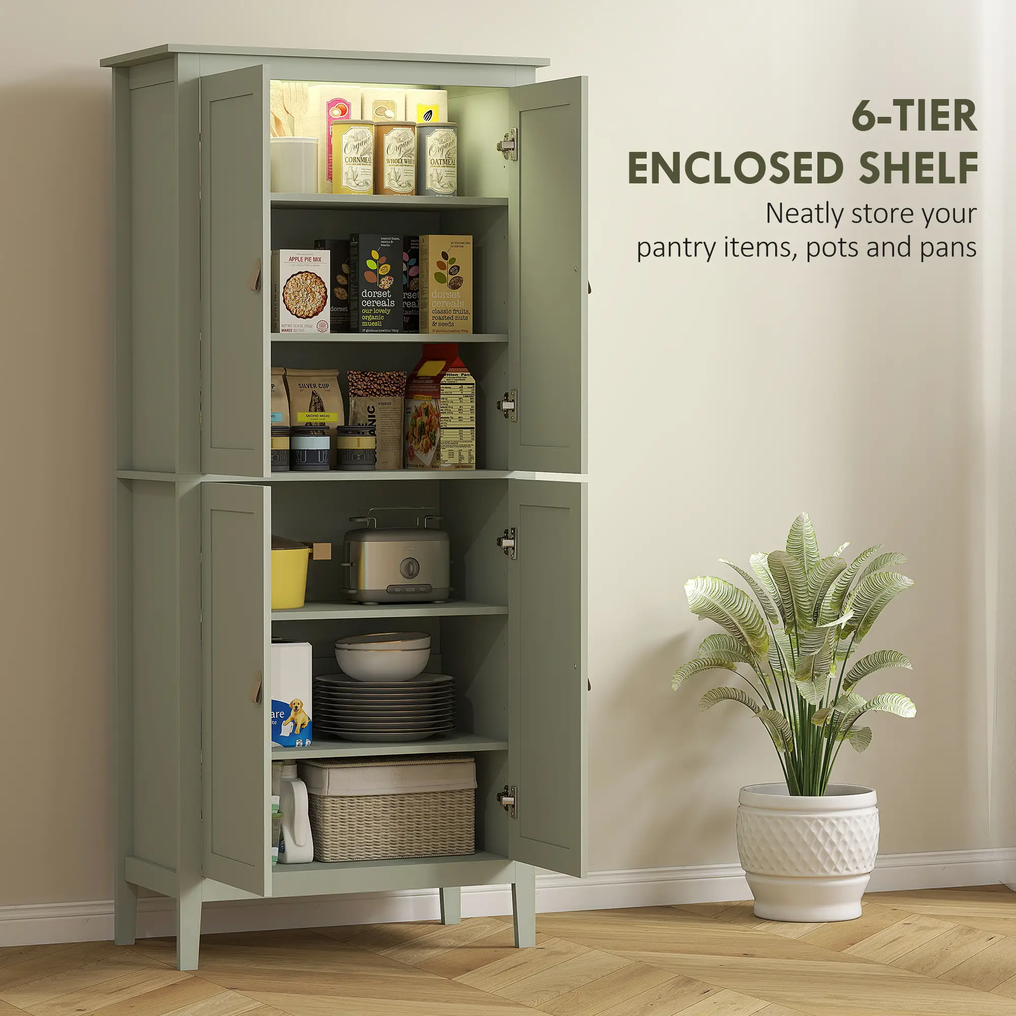 69.5" Tall Kitchen Pantry Cabinet, Motion Sensor LED Light, Green - Image 5