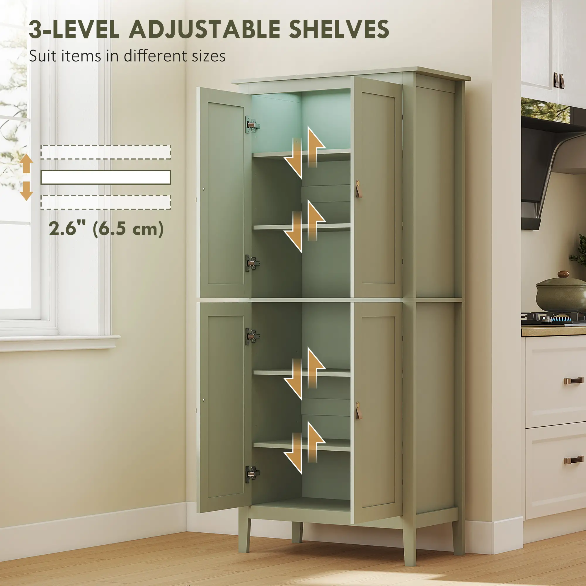 69.5" Tall Kitchen Pantry Cabinet, Motion Sensor LED Light, Green - Image 6