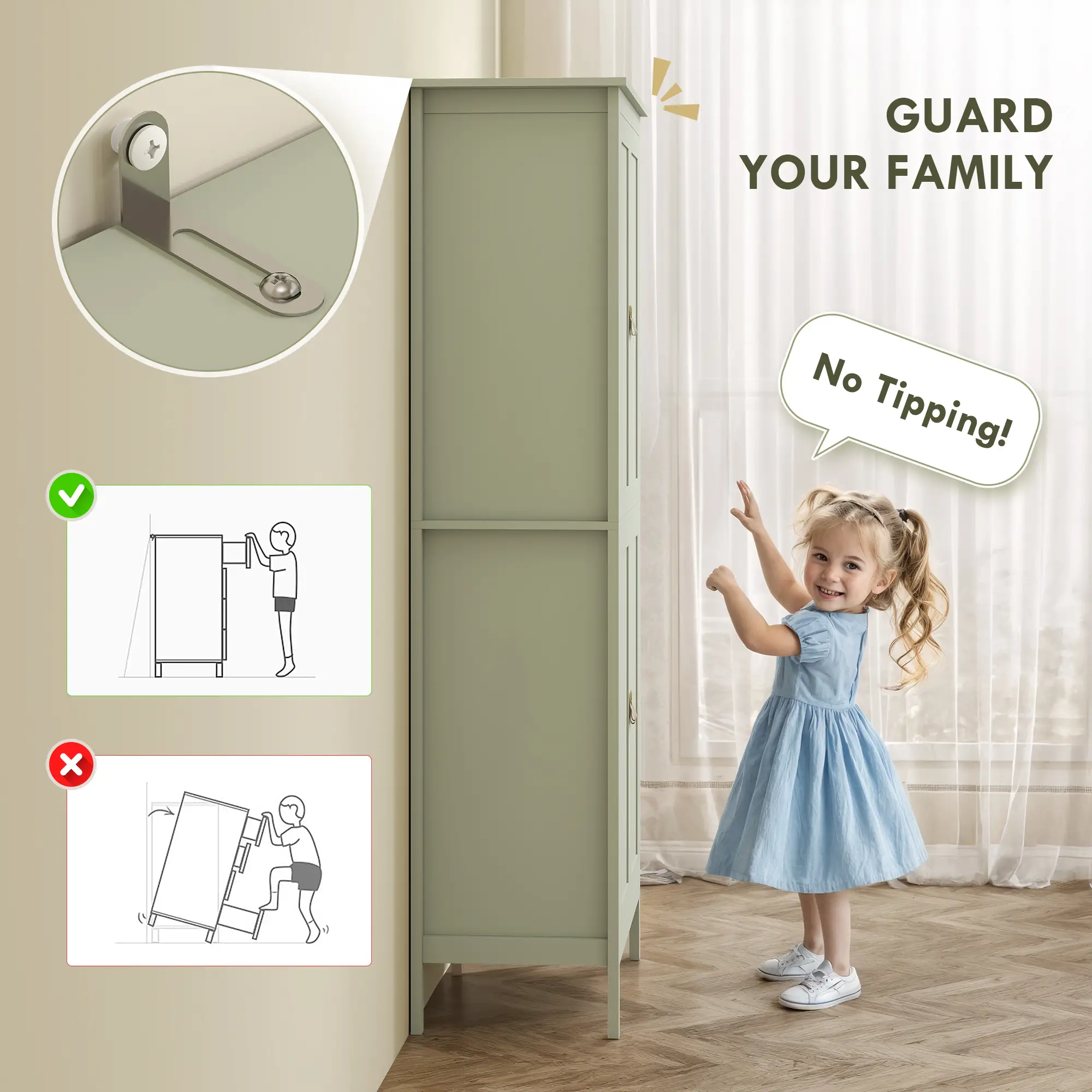 69.5" Tall Kitchen Pantry Cabinet, Motion Sensor LED Light, Green - Image 7