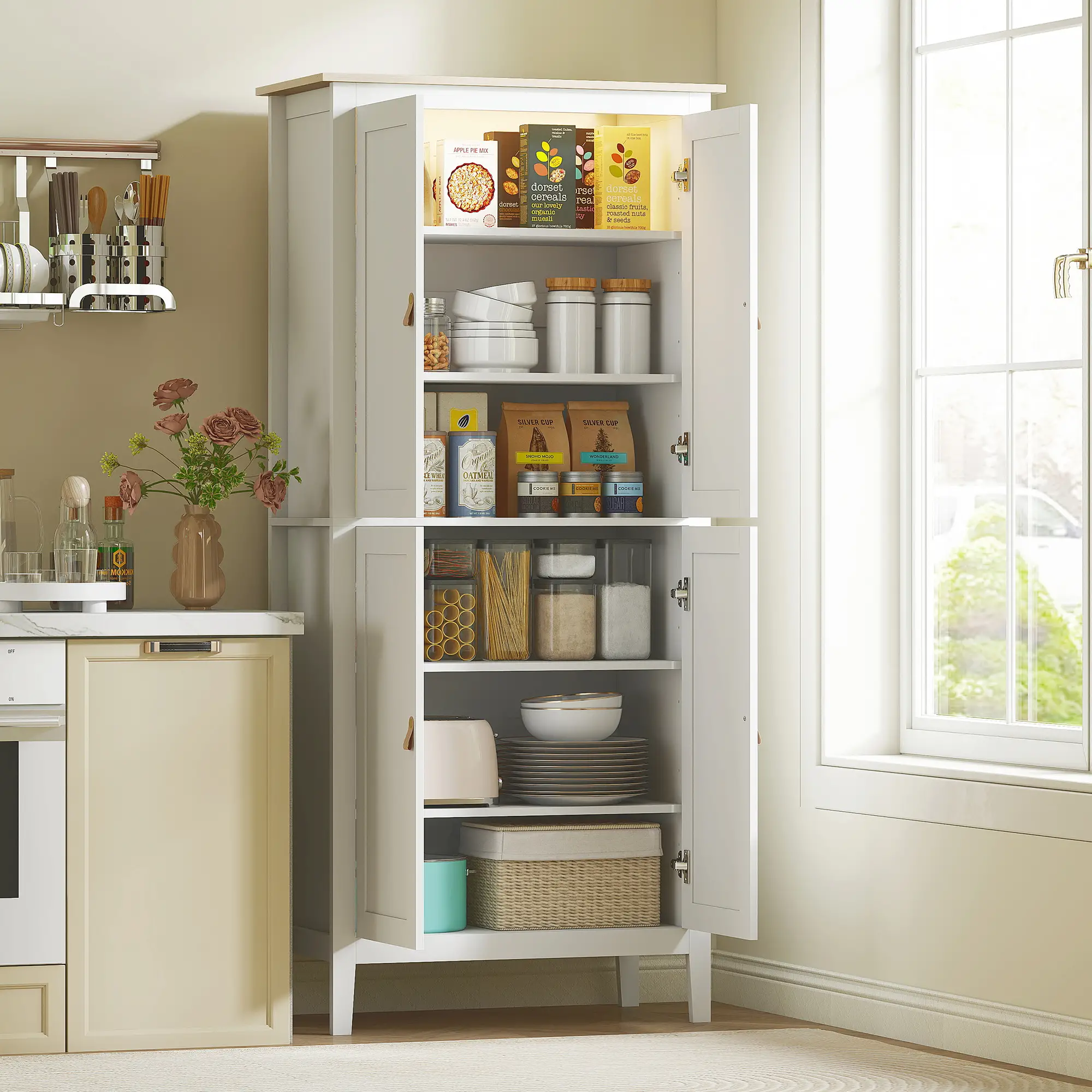 69.5" Tall Kitchen Pantry Cabinet, Motion Sensor LED Light, White - Image 2