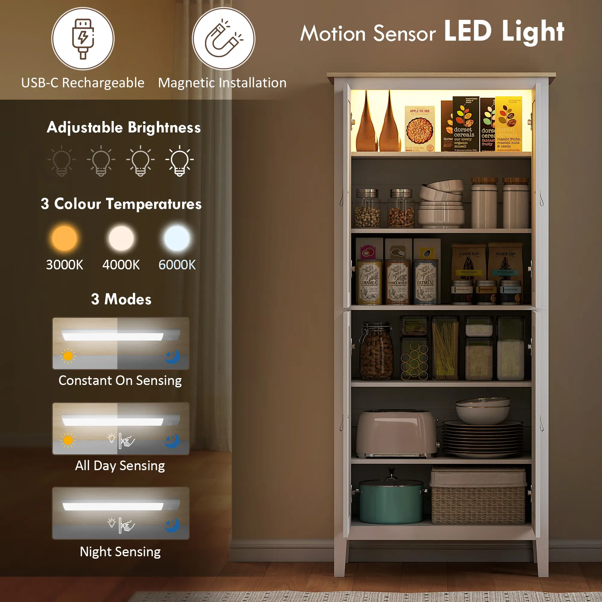 69.5" Tall Kitchen Pantry Cabinet, Motion Sensor LED Light, White - Image 4