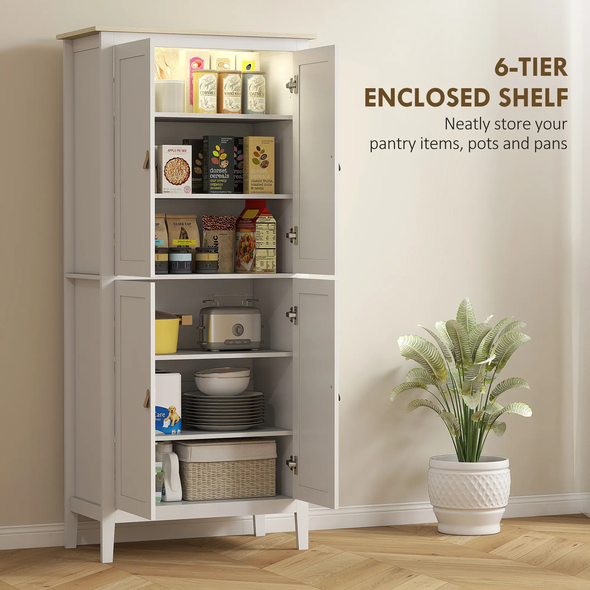 69.5" Tall Kitchen Pantry Cabinet, Motion Sensor LED Light, White - Image 5