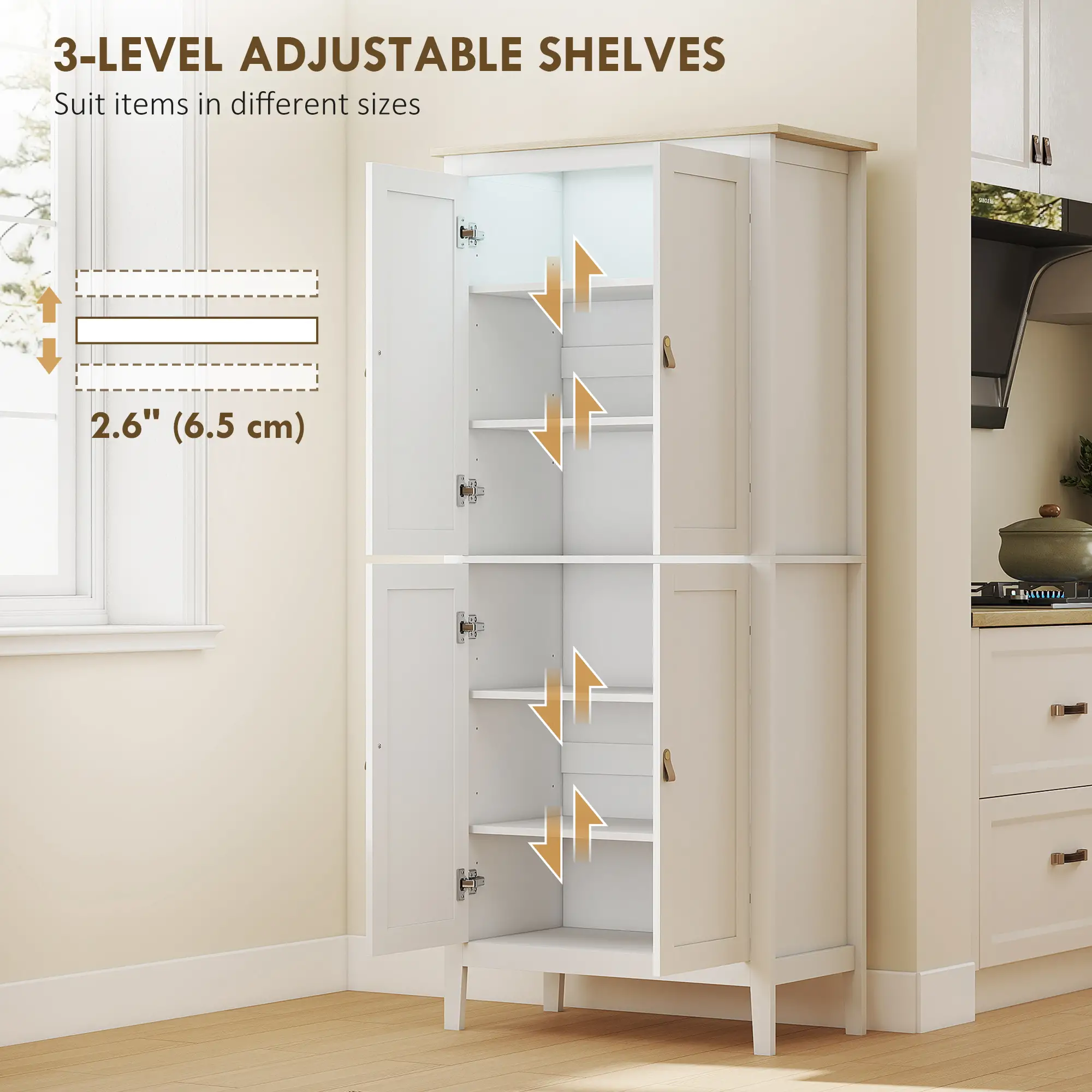 69.5" Tall Kitchen Pantry Cabinet, Motion Sensor LED Light, White - Image 6