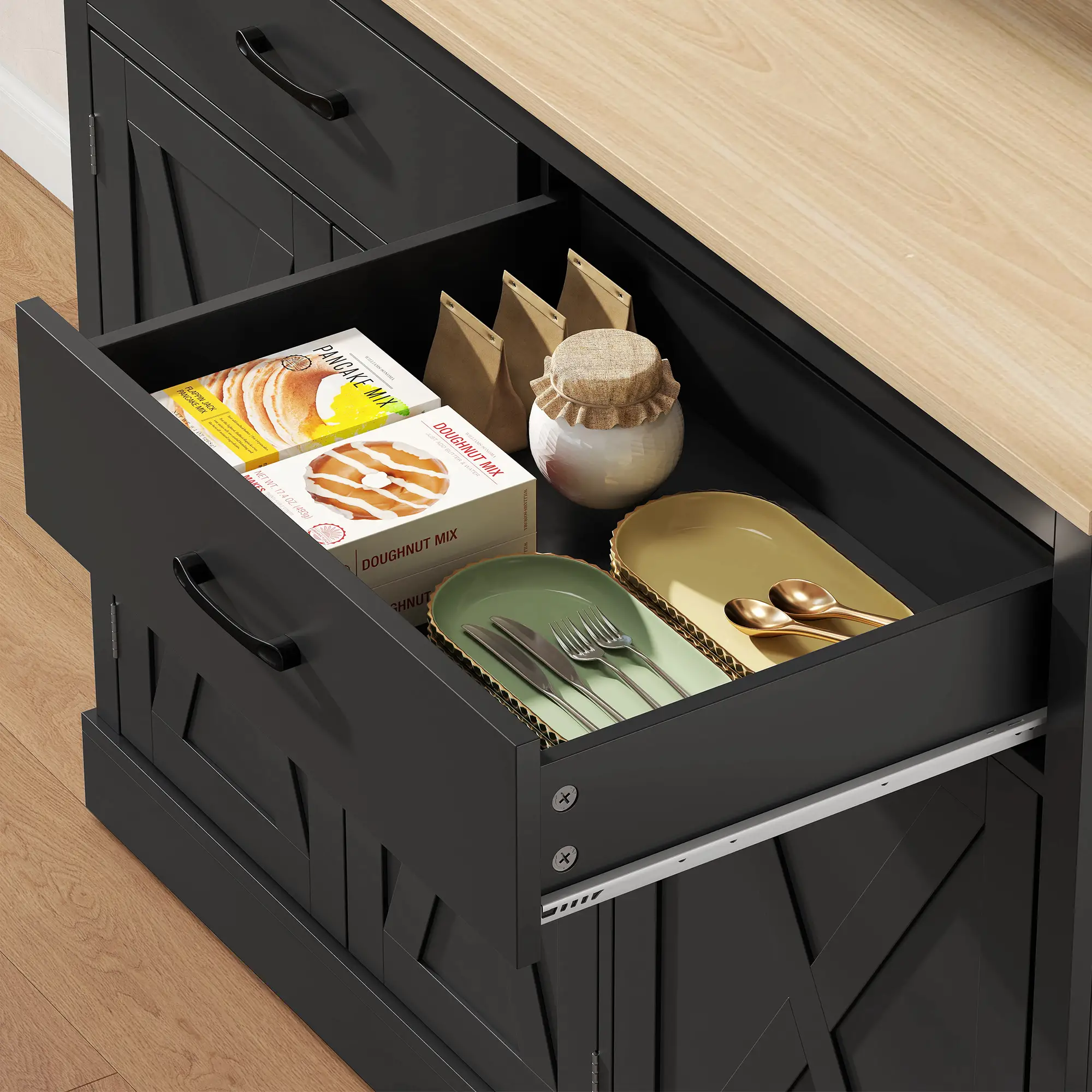69 Inch Pantry Cabinet with Charging Station, Microwave Stand, Tilt-Out Trash Can, Black - Image 10