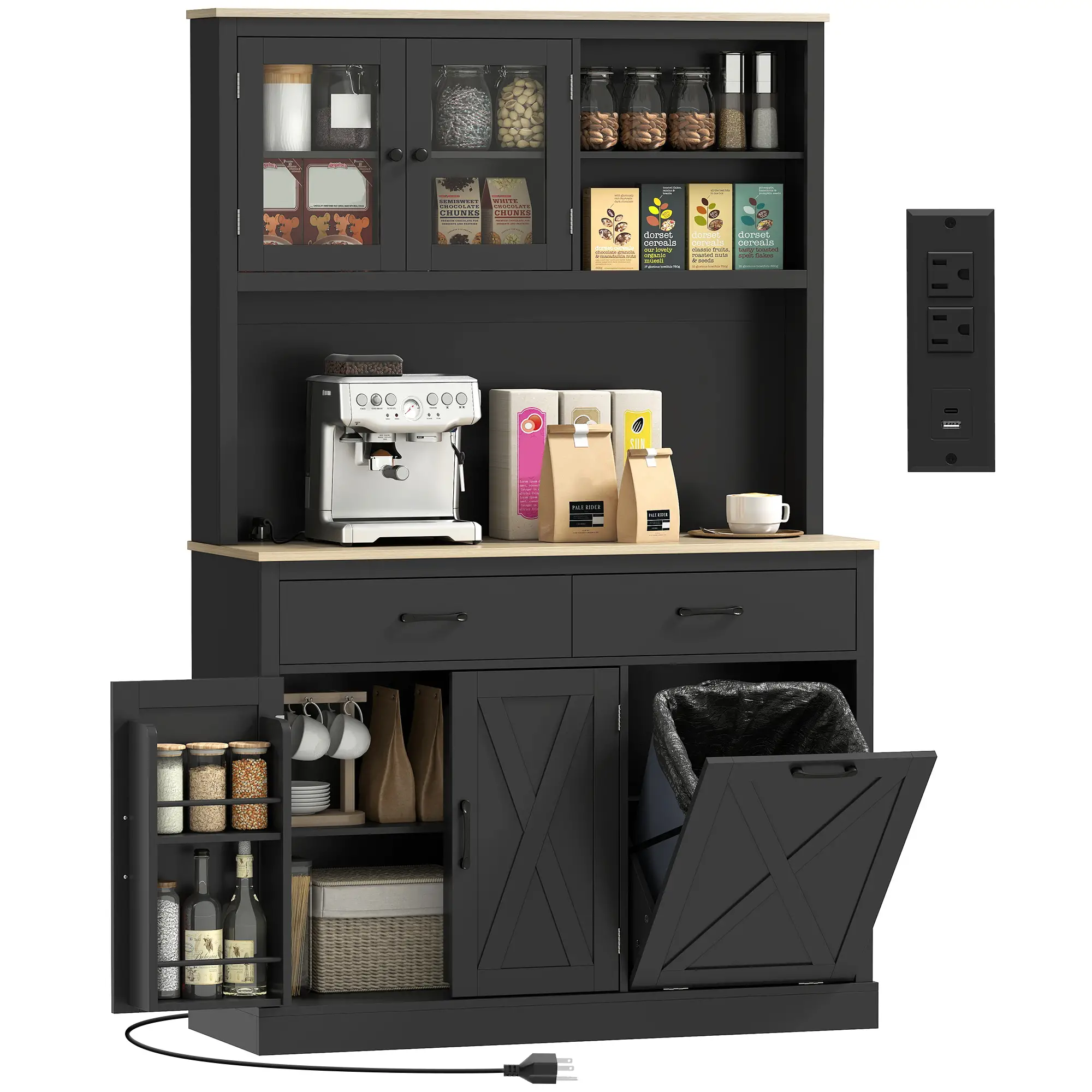 69 Inch Pantry Cabinet with Charging Station, Microwave Stand, Tilt-Out Trash Can, Black - Image 11