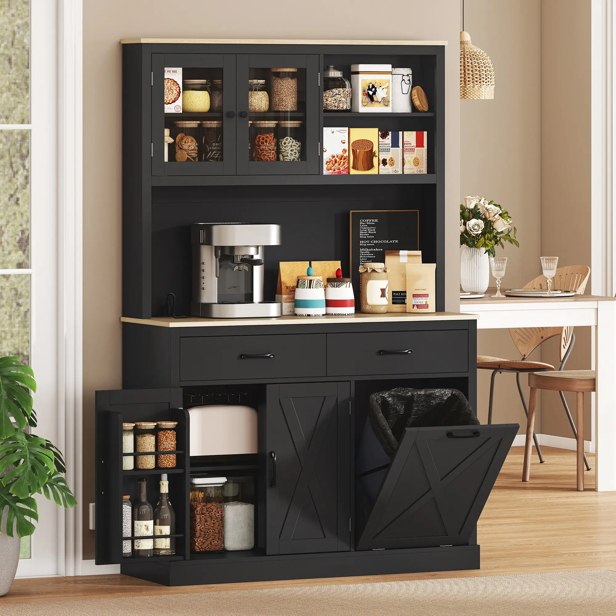 69 Inch Pantry Cabinet with Charging Station, Microwave Stand, Tilt-Out Trash Can, Black - Image 2