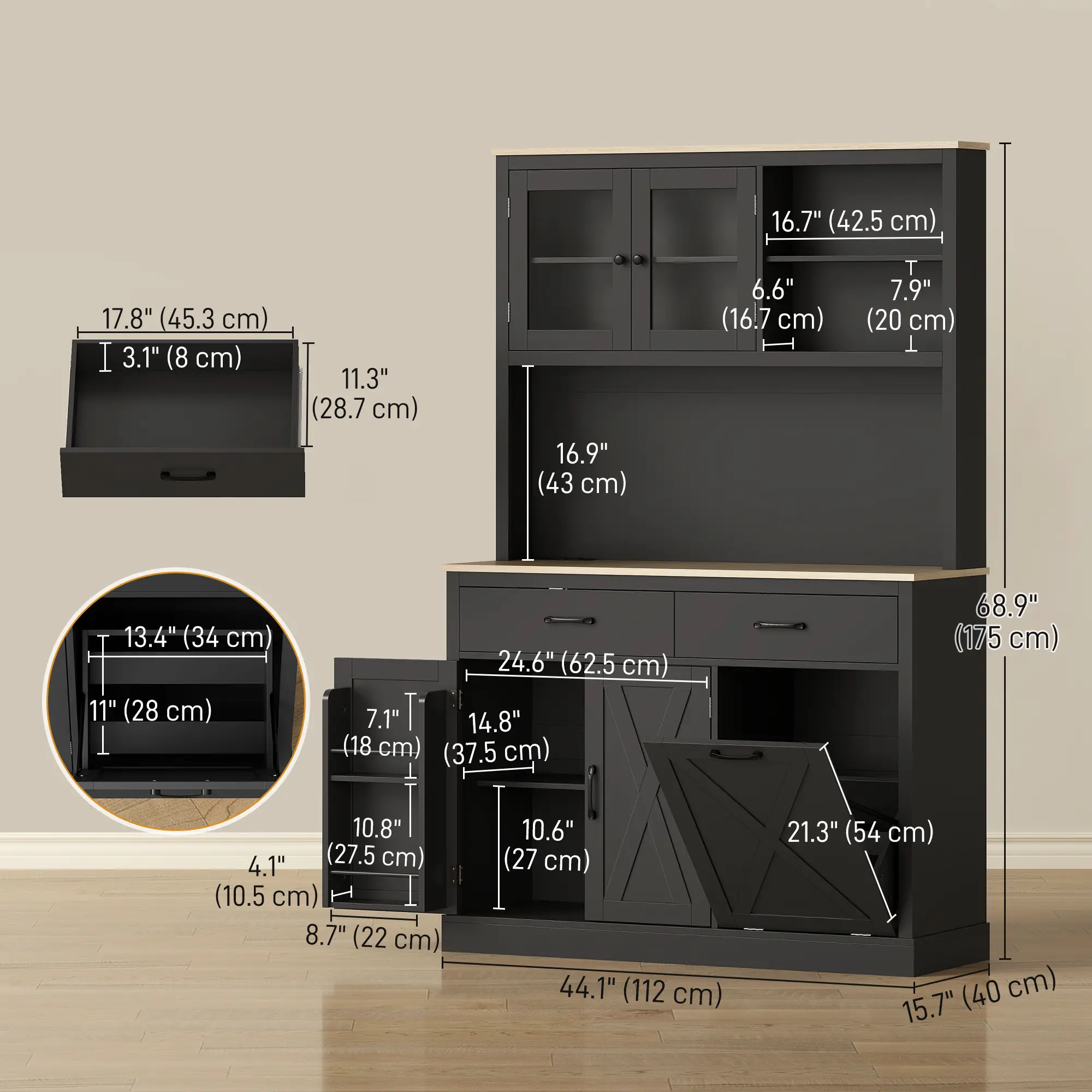 69 Inch Pantry Cabinet with Charging Station, Microwave Stand, Tilt-Out Trash Can, Black - Image 3