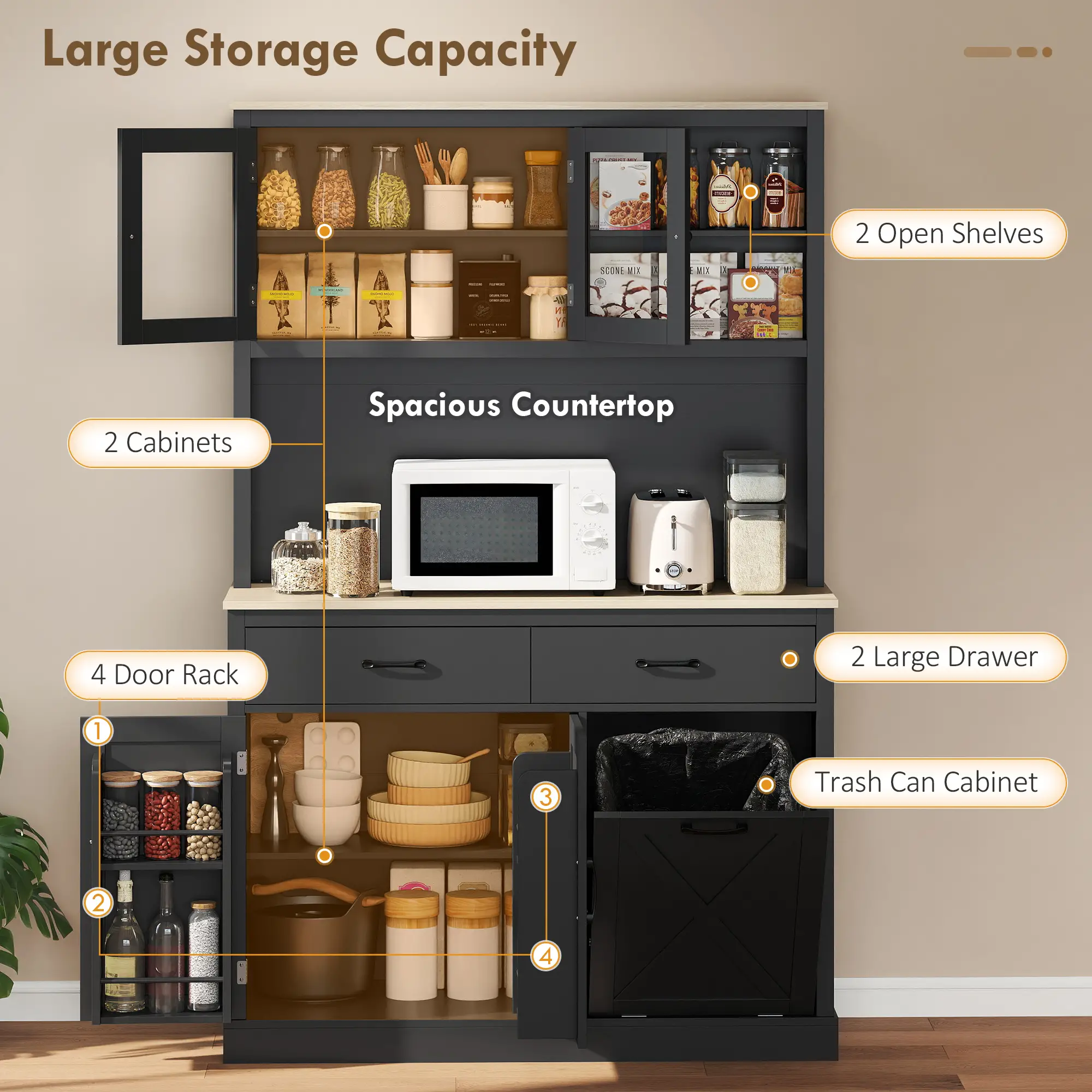 69 Inch Pantry Cabinet with Charging Station, Microwave Stand, Tilt-Out Trash Can, Black - Image 4