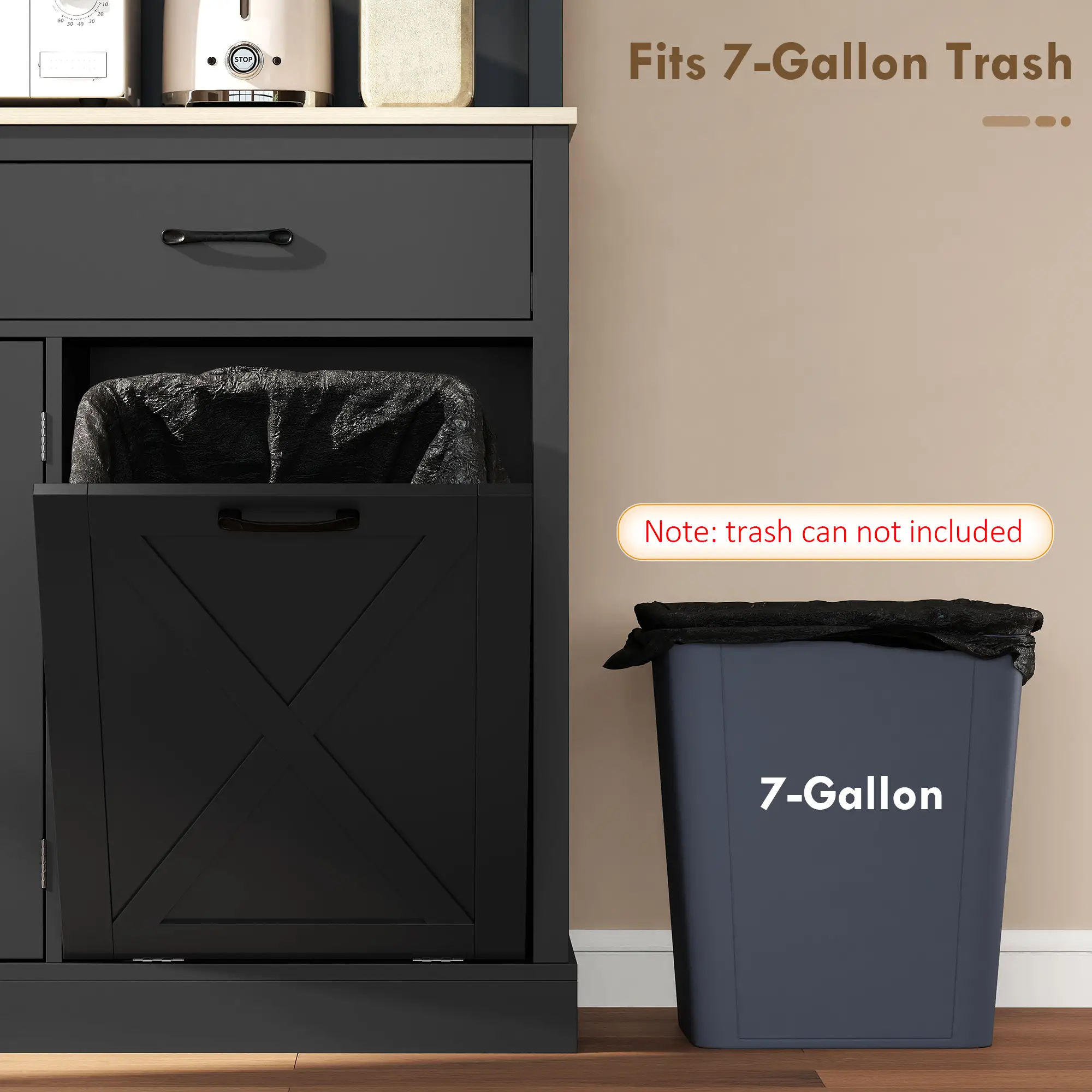 69 Inch Pantry Cabinet with Charging Station, Microwave Stand, Tilt-Out Trash Can, Black - Image 7