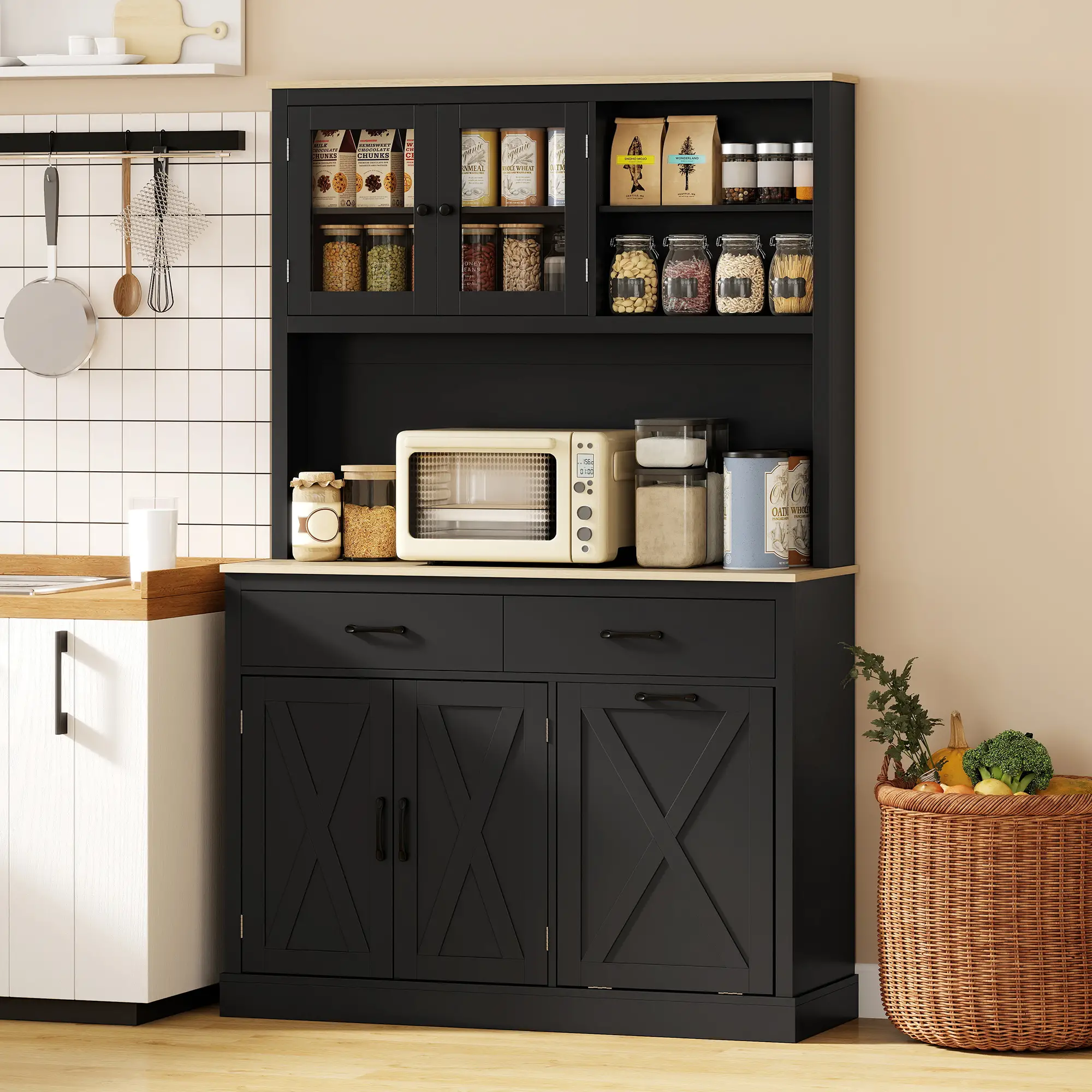 69 Inch Pantry Cabinet with Charging Station, Microwave Stand, Tilt-Out Trash Can, Black - Image 8