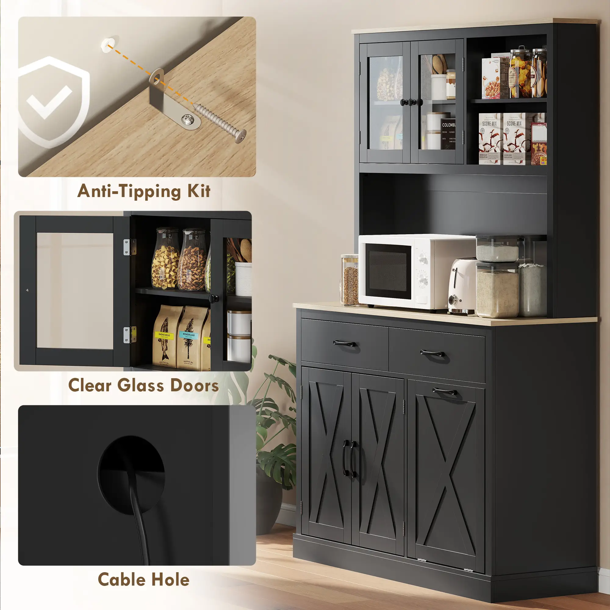 69 Inch Pantry Cabinet with Charging Station, Microwave Stand, Tilt-Out Trash Can, Black - Image 9