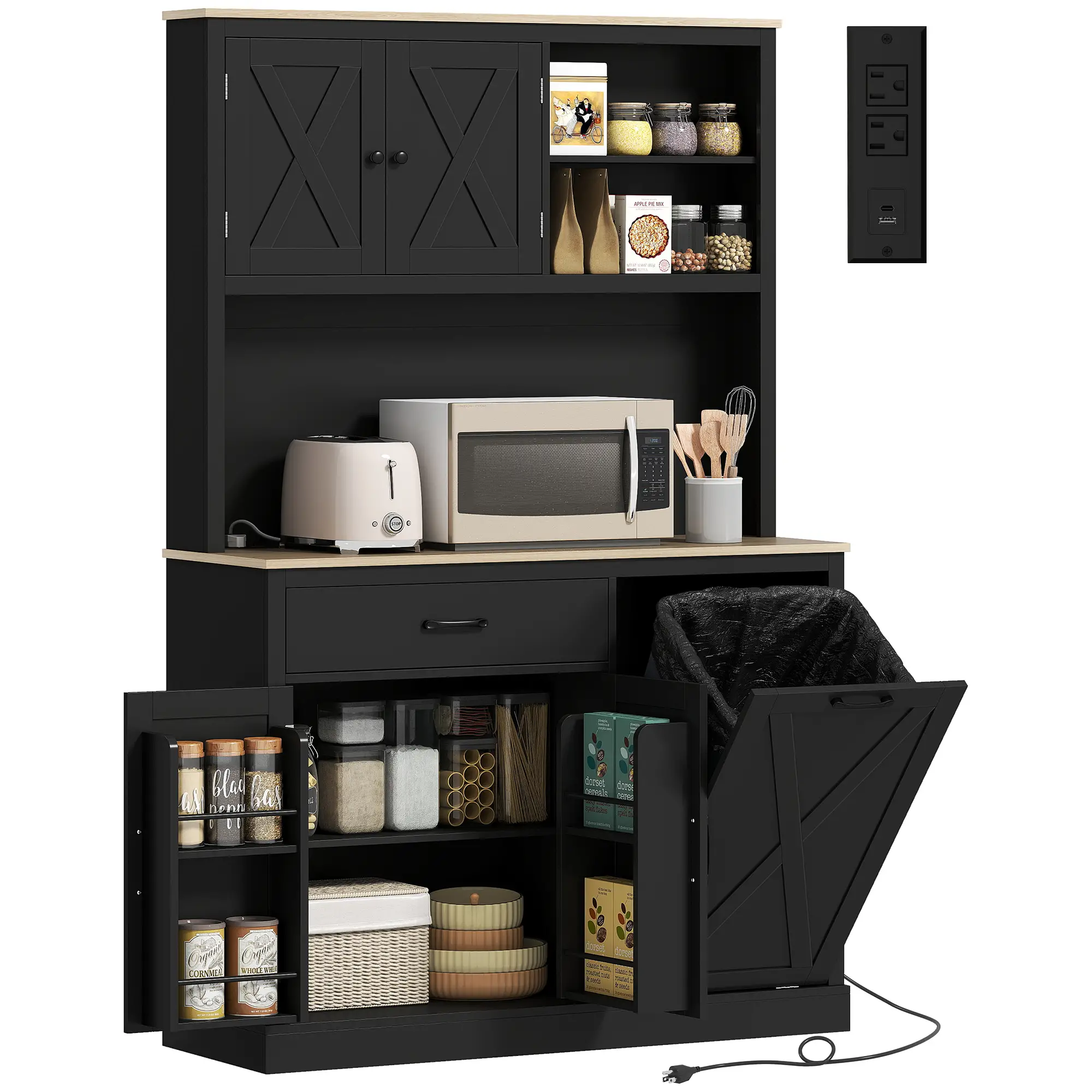 69 Inch Pantry Cabinet with Charging Station, Microwave Stand, Tilt-Out Trash Can, Black