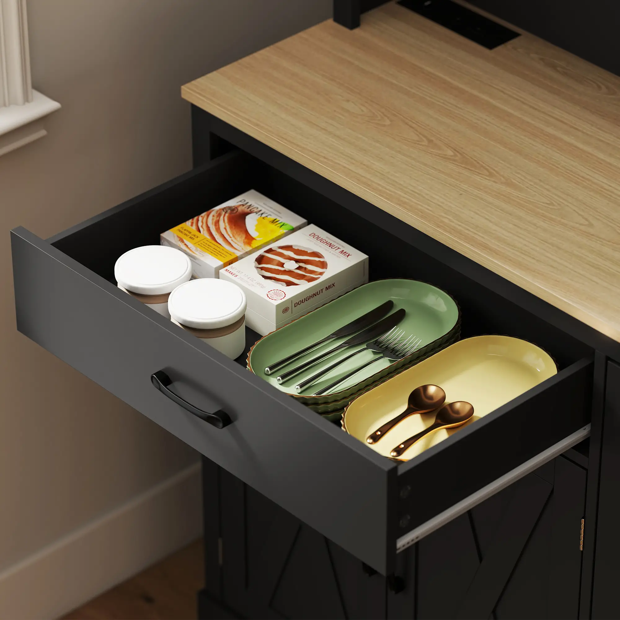 69 Inch Pantry Cabinet with Charging Station, Microwave Stand, Tilt-Out Trash Can, Black - Image 10