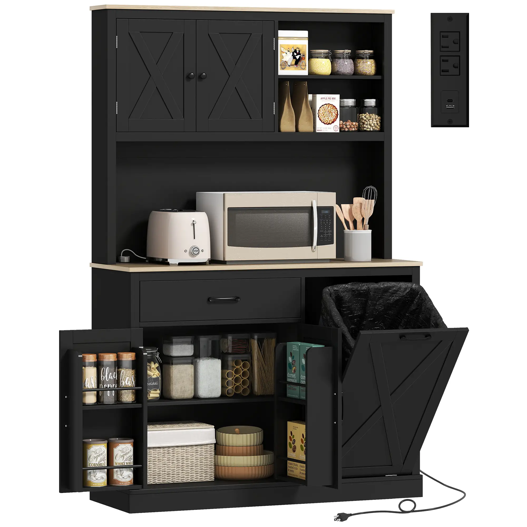 69 Inch Pantry Cabinet with Charging Station, Microwave Stand, Tilt-Out Trash Can, Black - Image 11