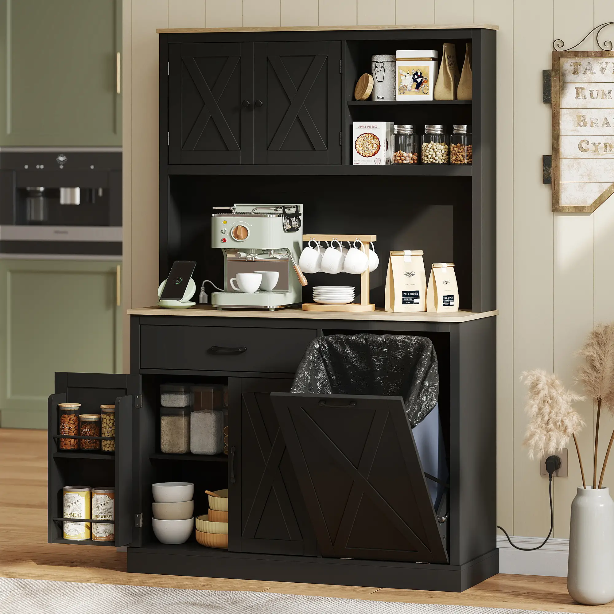 69 Inch Pantry Cabinet with Charging Station, Microwave Stand, Tilt-Out Trash Can, Black - Image 2