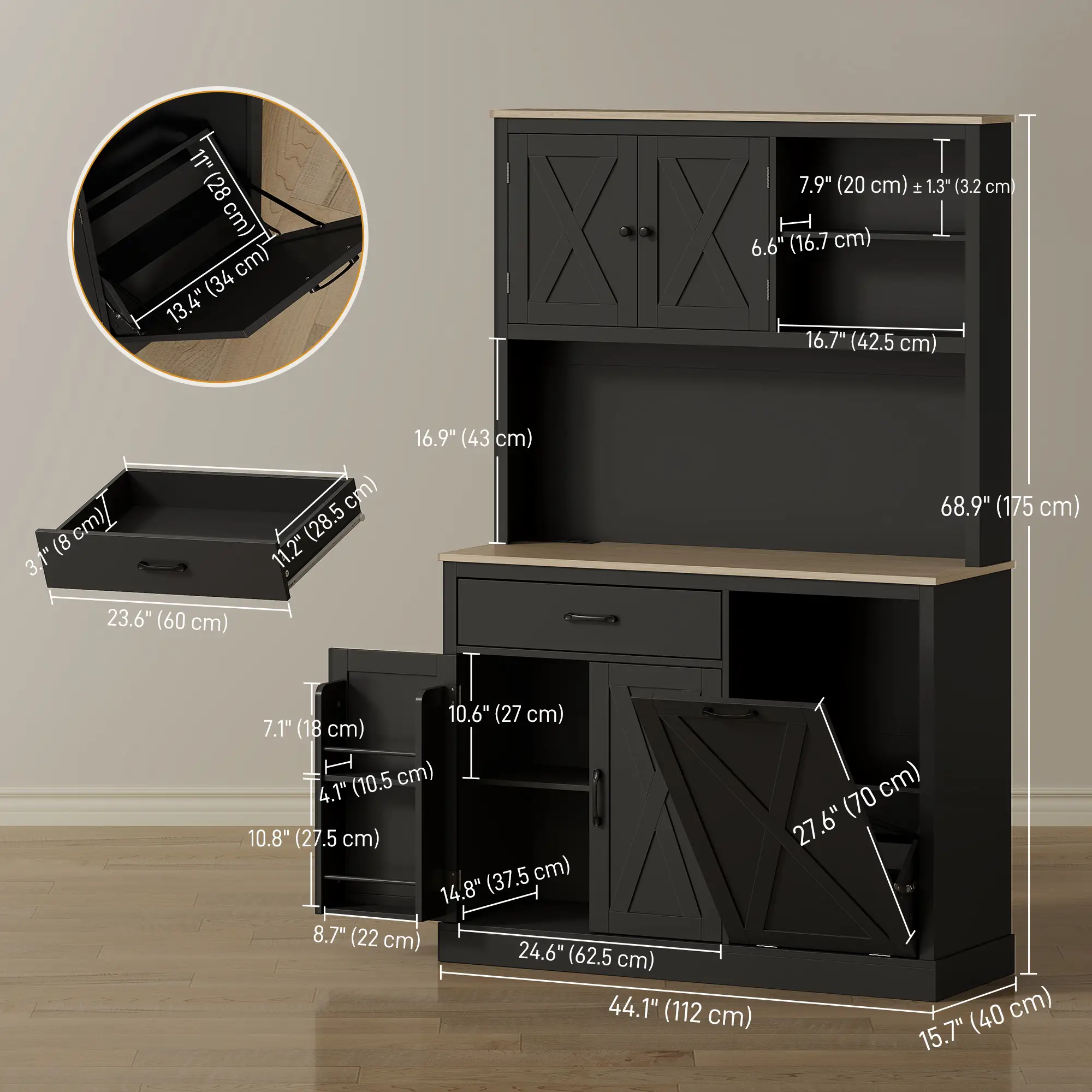 69 Inch Pantry Cabinet with Charging Station, Microwave Stand, Tilt-Out Trash Can, Black - Image 3