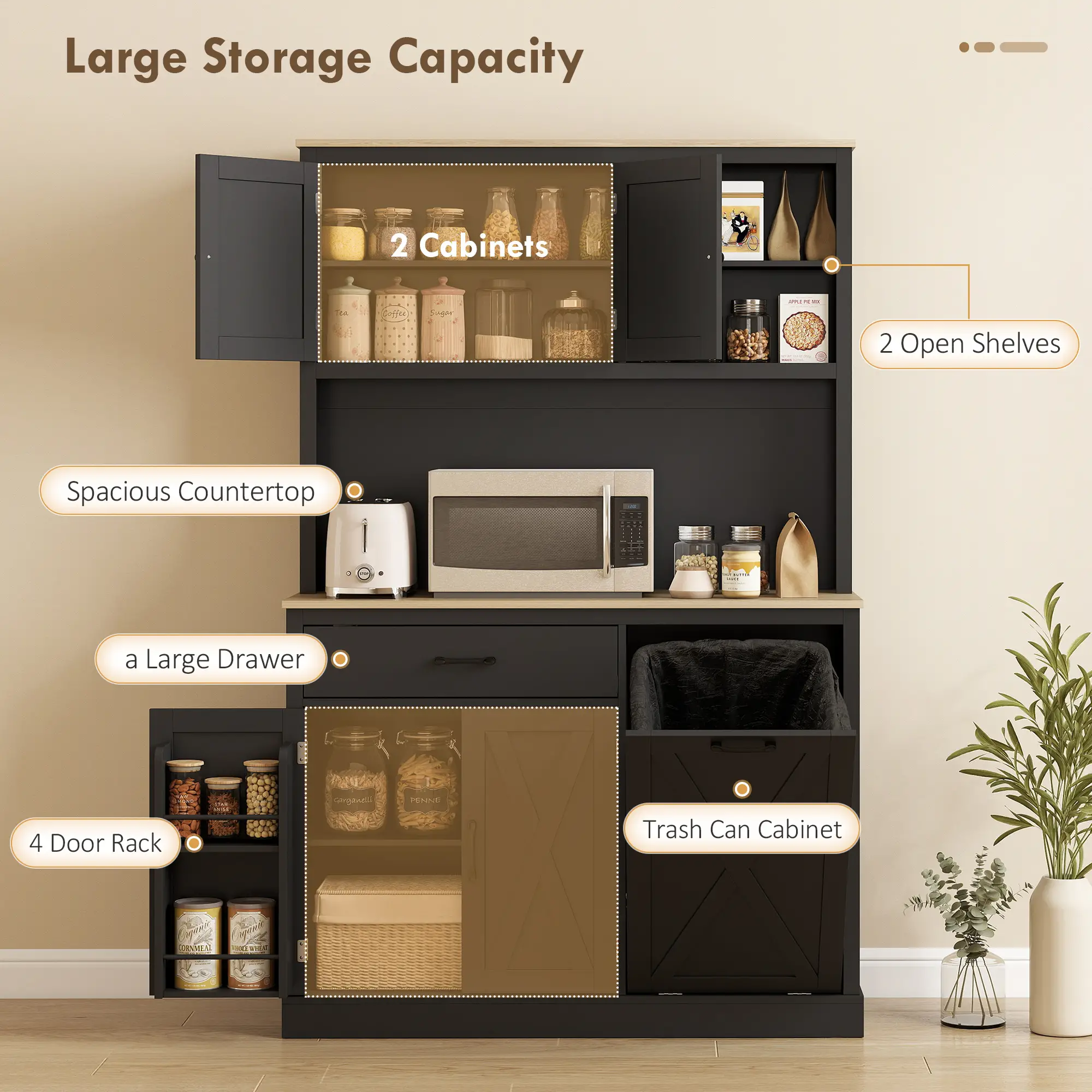 69 Inch Pantry Cabinet with Charging Station, Microwave Stand, Tilt-Out Trash Can, Black - Image 4