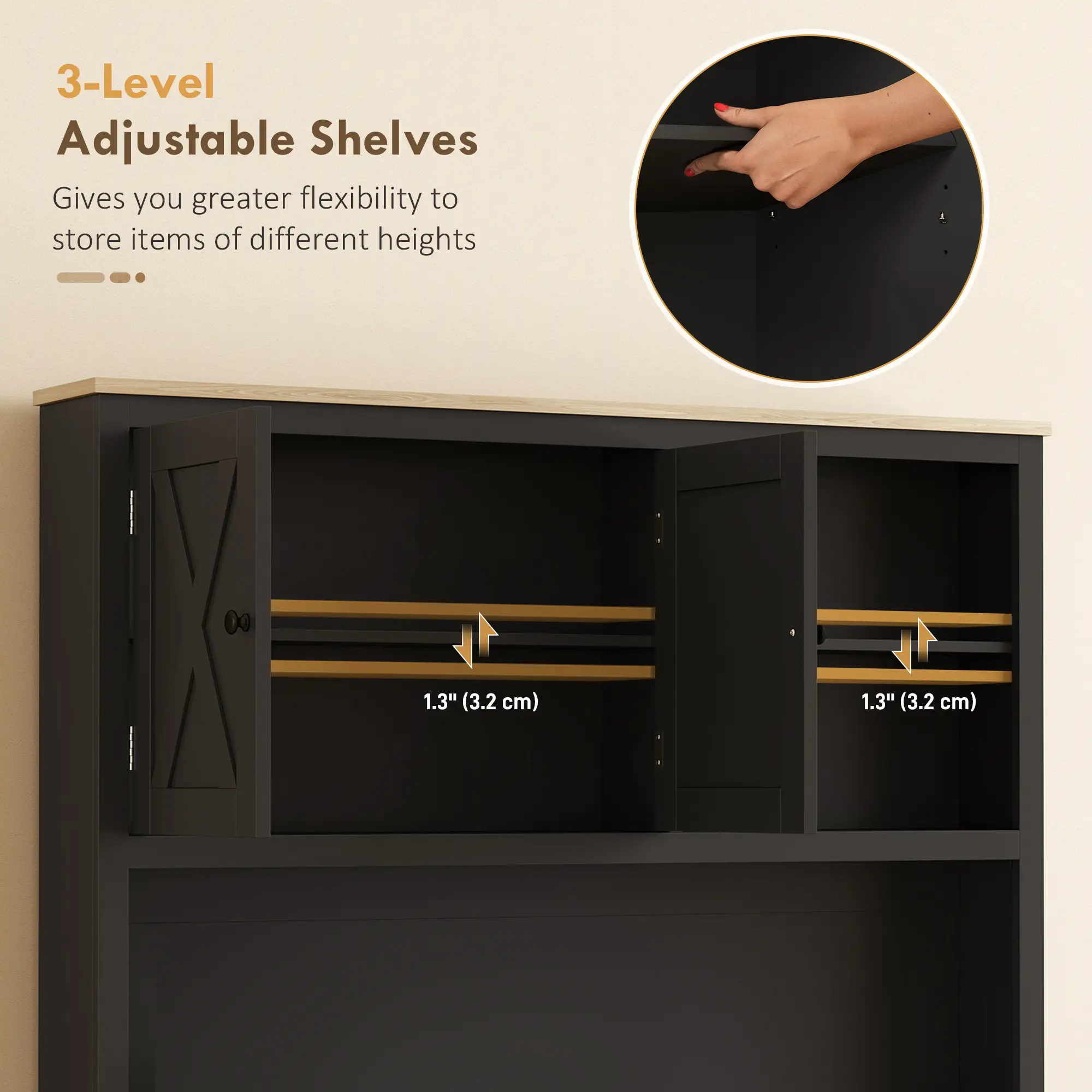 69 Inch Pantry Cabinet with Charging Station, Microwave Stand, Tilt-Out Trash Can, Black - Image 5