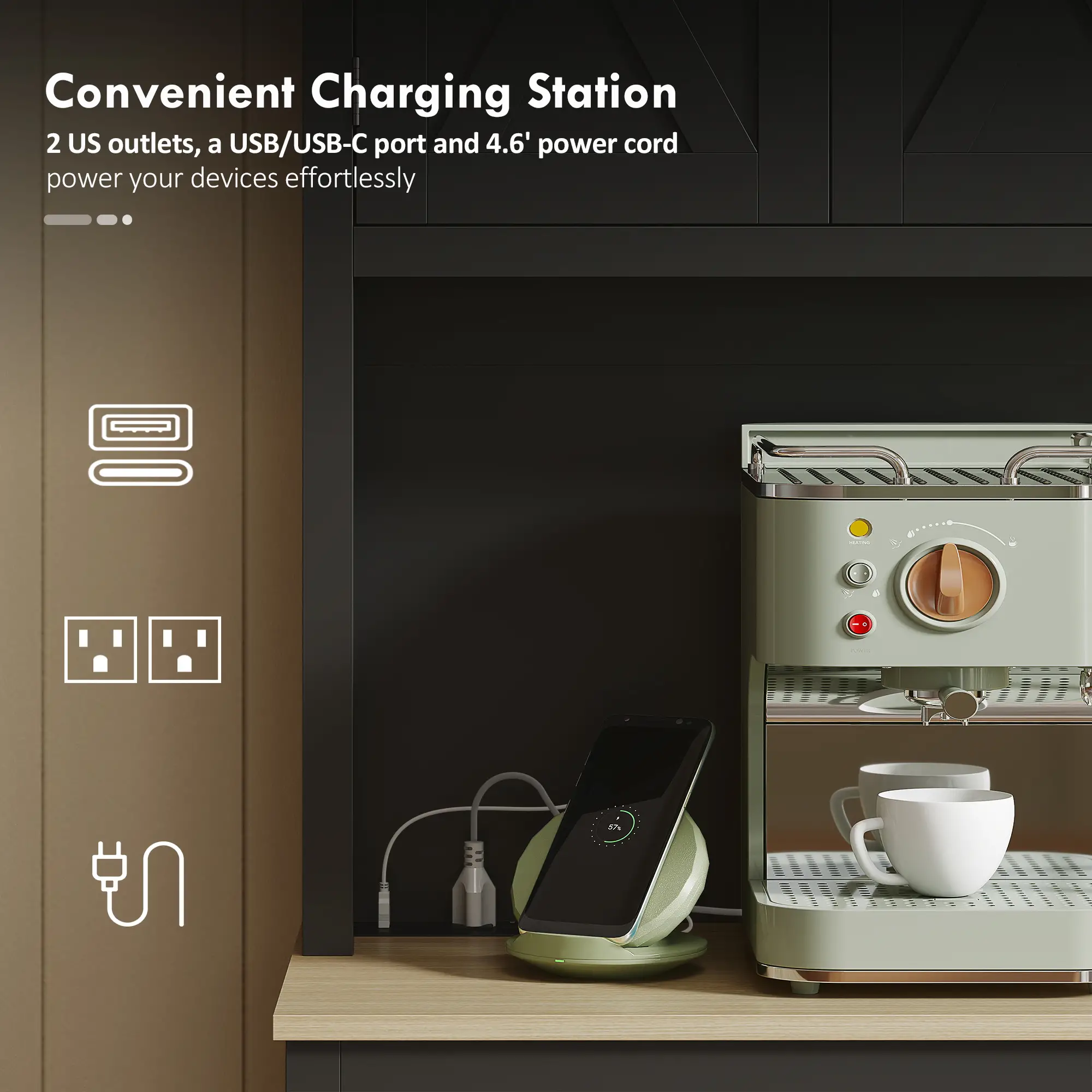 69 Inch Pantry Cabinet with Charging Station, Microwave Stand, Tilt-Out Trash Can, Black - Image 6
