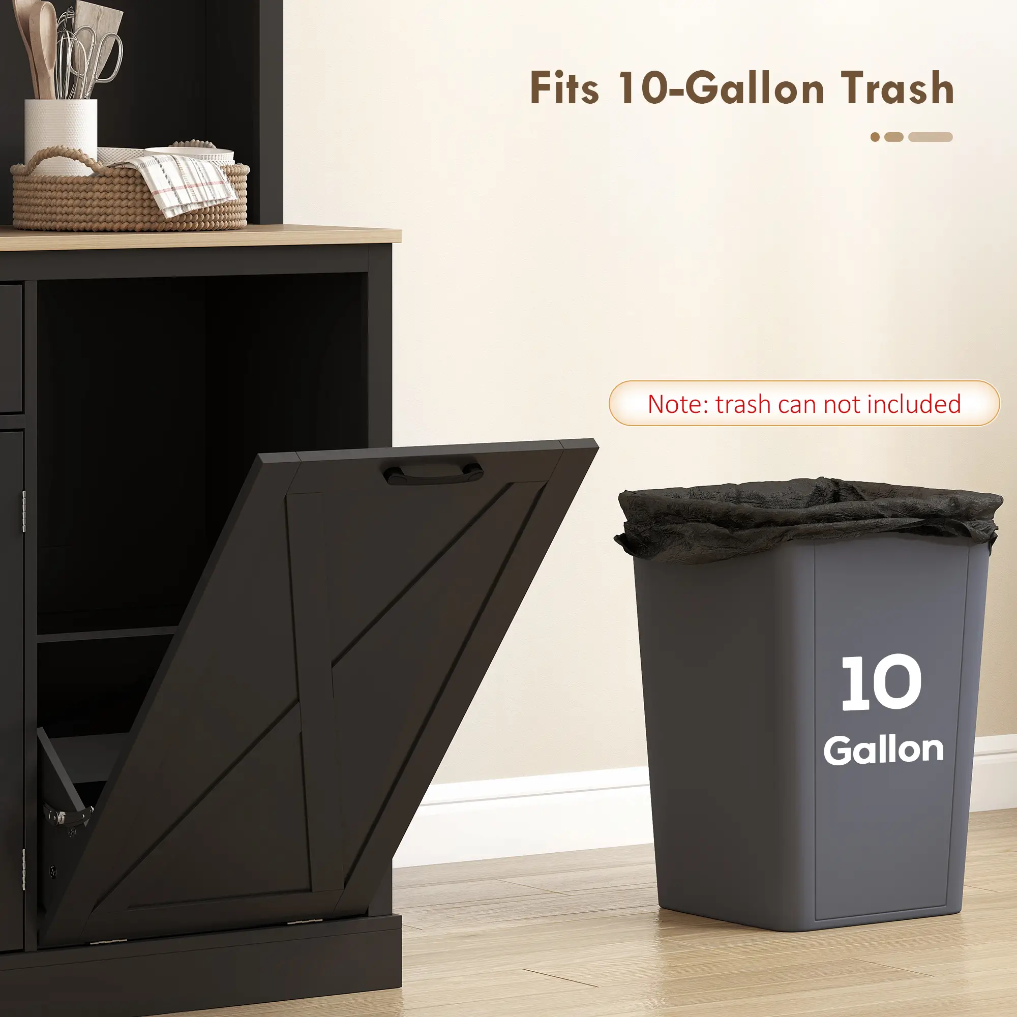 69 Inch Pantry Cabinet with Charging Station, Microwave Stand, Tilt-Out Trash Can, Black - Image 7
