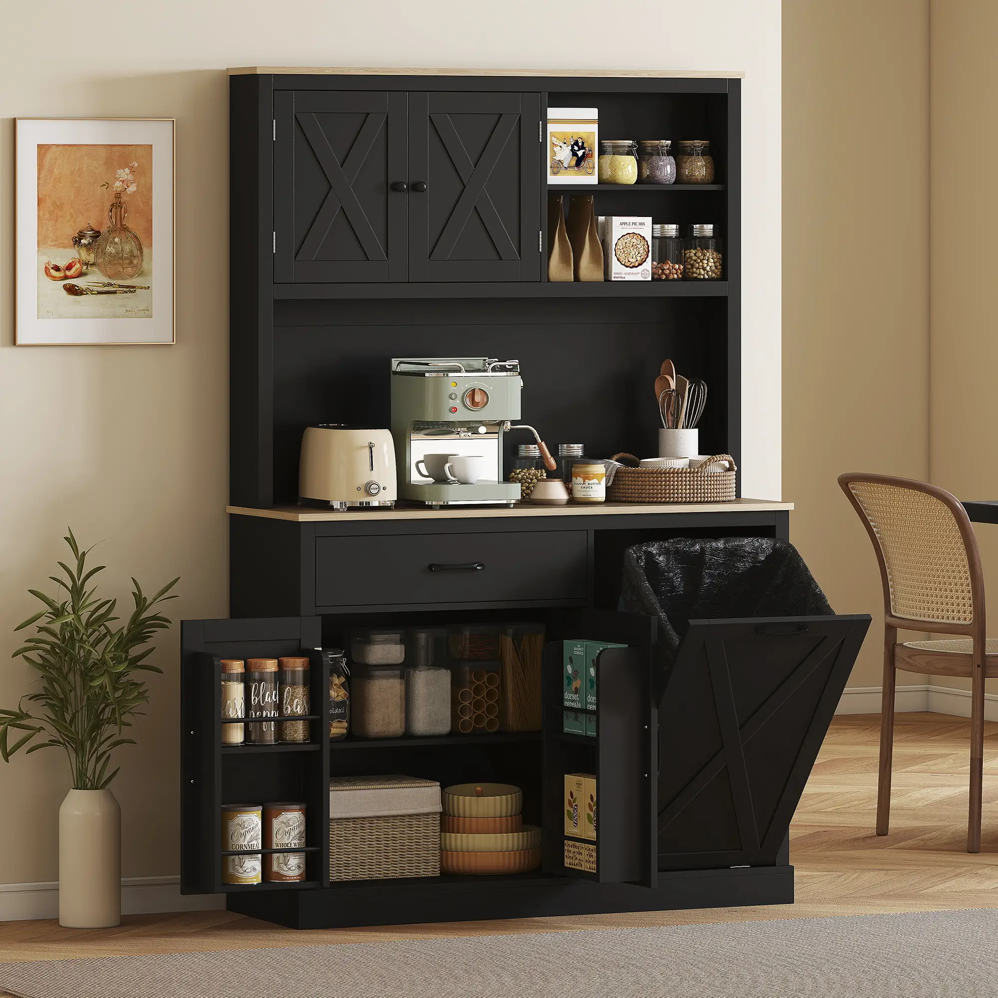 69 Inch Pantry Cabinet with Charging Station, Microwave Stand, Tilt-Out Trash Can, Black - Image 8