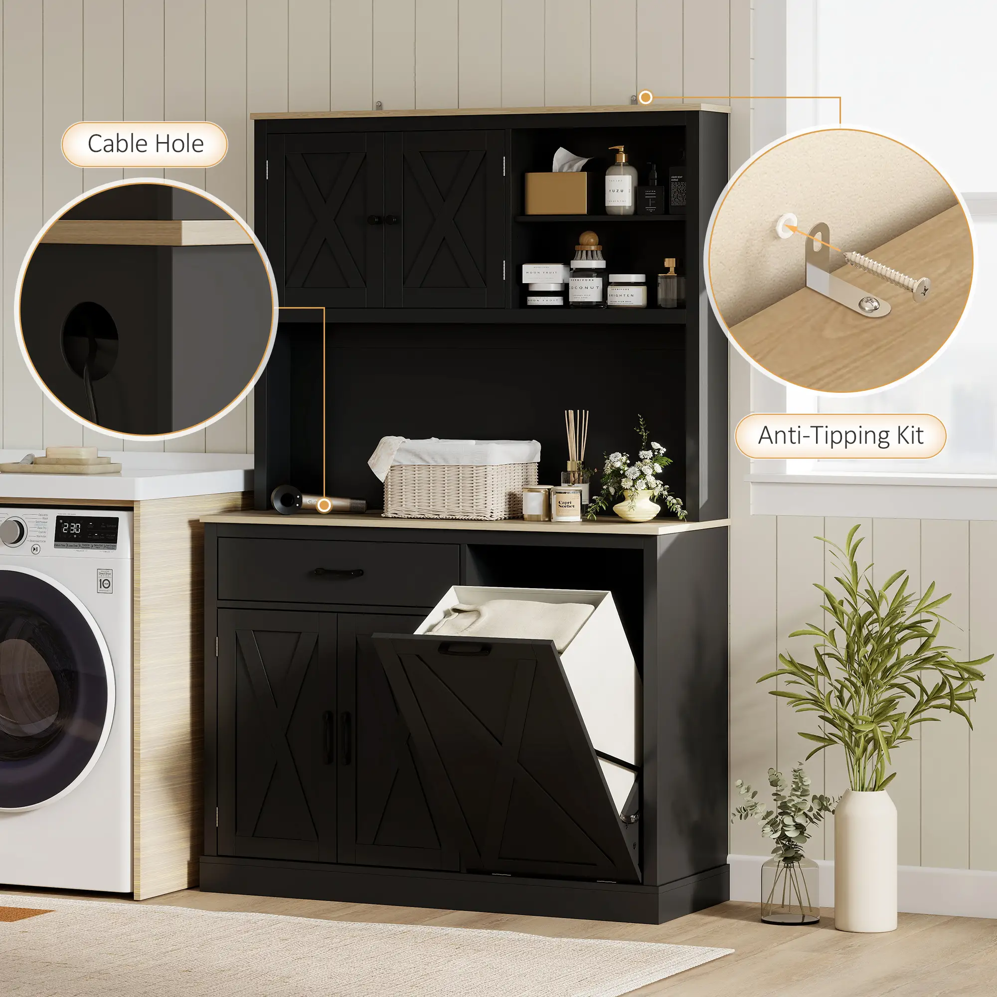 69 Inch Pantry Cabinet with Charging Station, Microwave Stand, Tilt-Out Trash Can, Black - Image 9