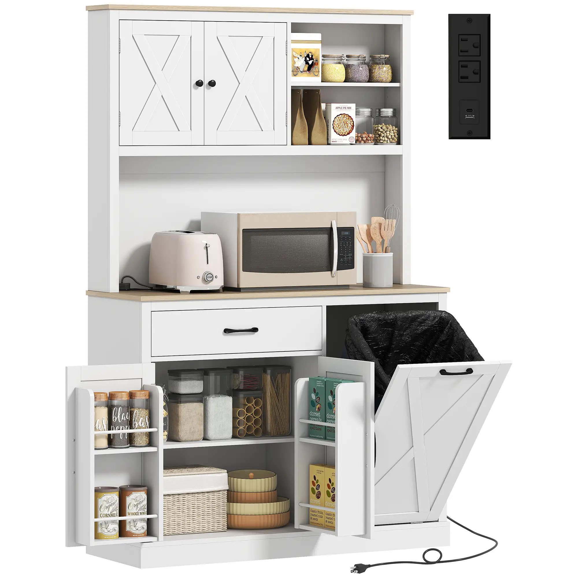 69 Inch Pantry Cabinet with Charging Station, Microwave Stand, Tilt Out Trash Can, White