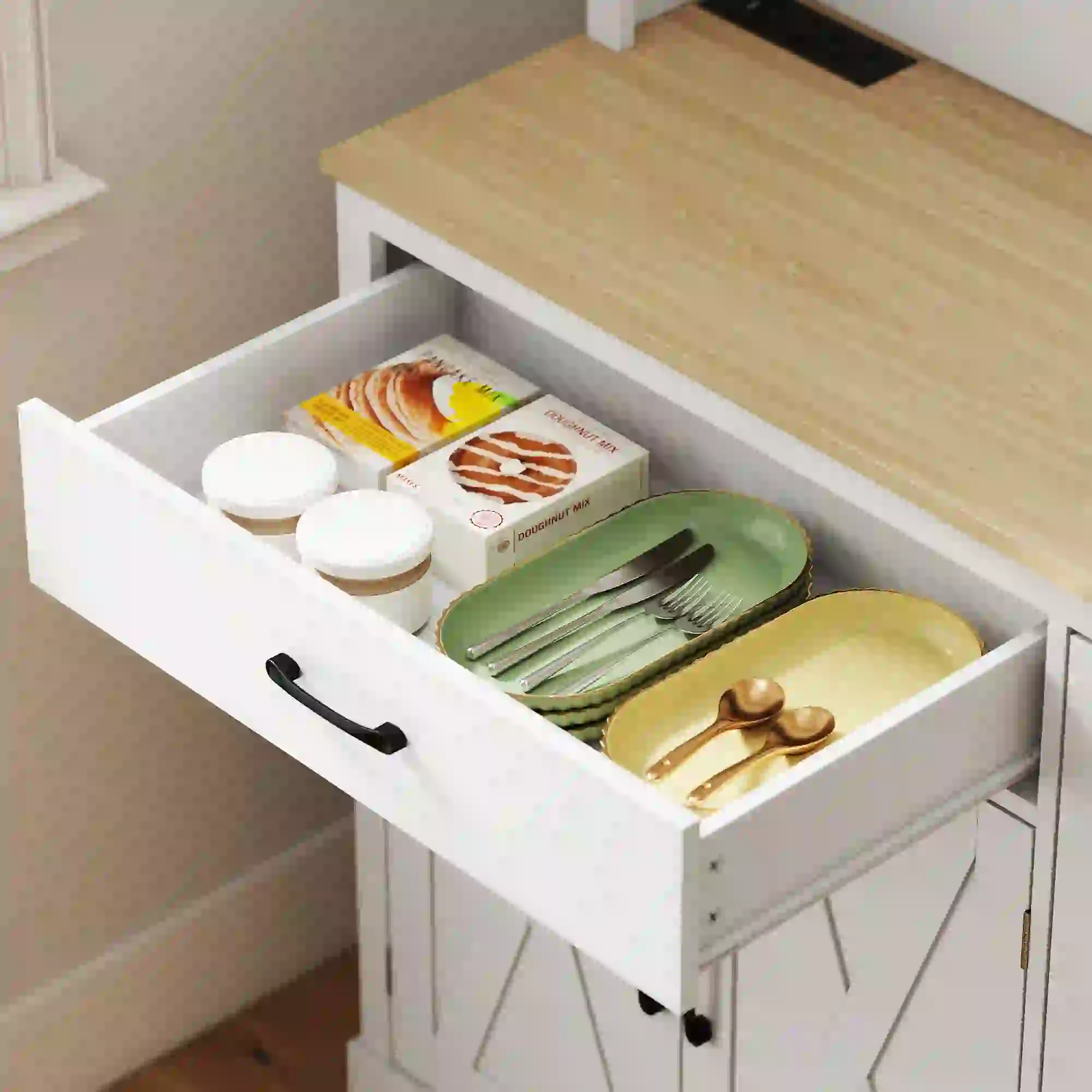 69 Inch Pantry Cabinet with Charging Station, Microwave Stand, Tilt Out Trash Can, White - Image 10