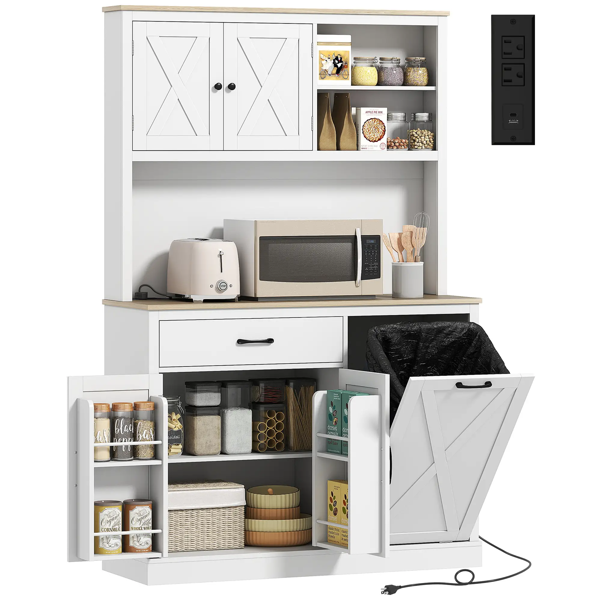 69 Inch Pantry Cabinet with Charging Station, Microwave Stand, Tilt Out Trash Can, White - Image 11