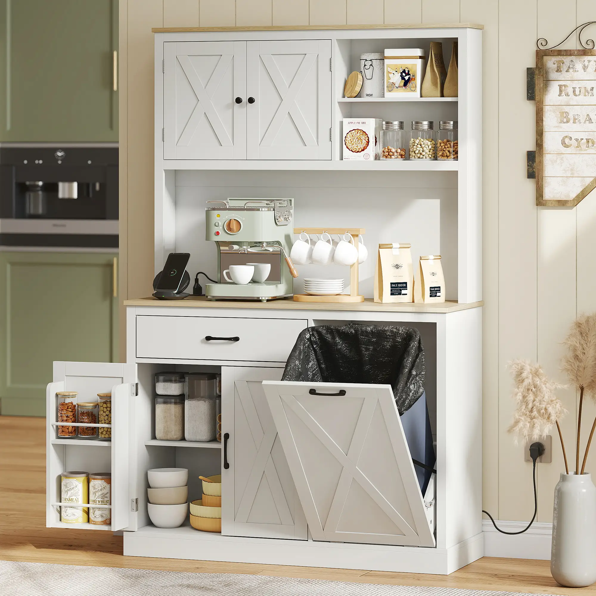 69 Inch Pantry Cabinet with Charging Station, Microwave Stand, Tilt Out Trash Can, White - Image 2