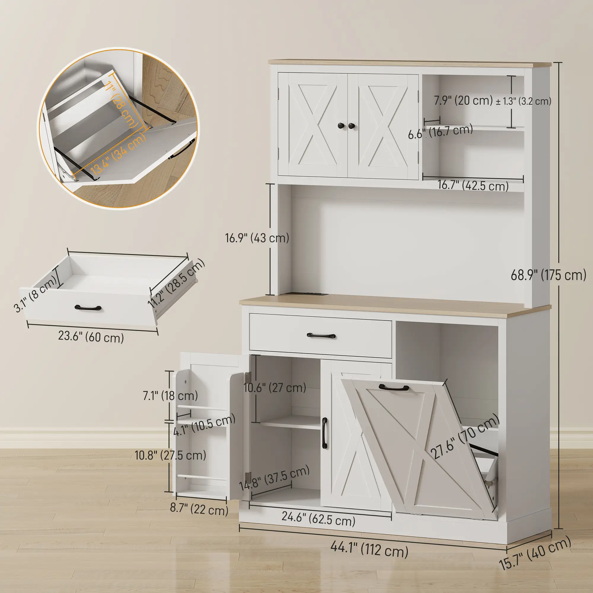 69 Inch Pantry Cabinet with Charging Station, Microwave Stand, Tilt Out Trash Can, White - Image 3