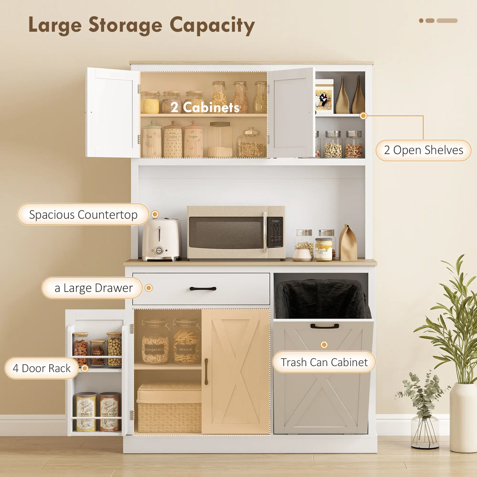 69 Inch Pantry Cabinet with Charging Station, Microwave Stand, Tilt Out Trash Can, White - Image 4
