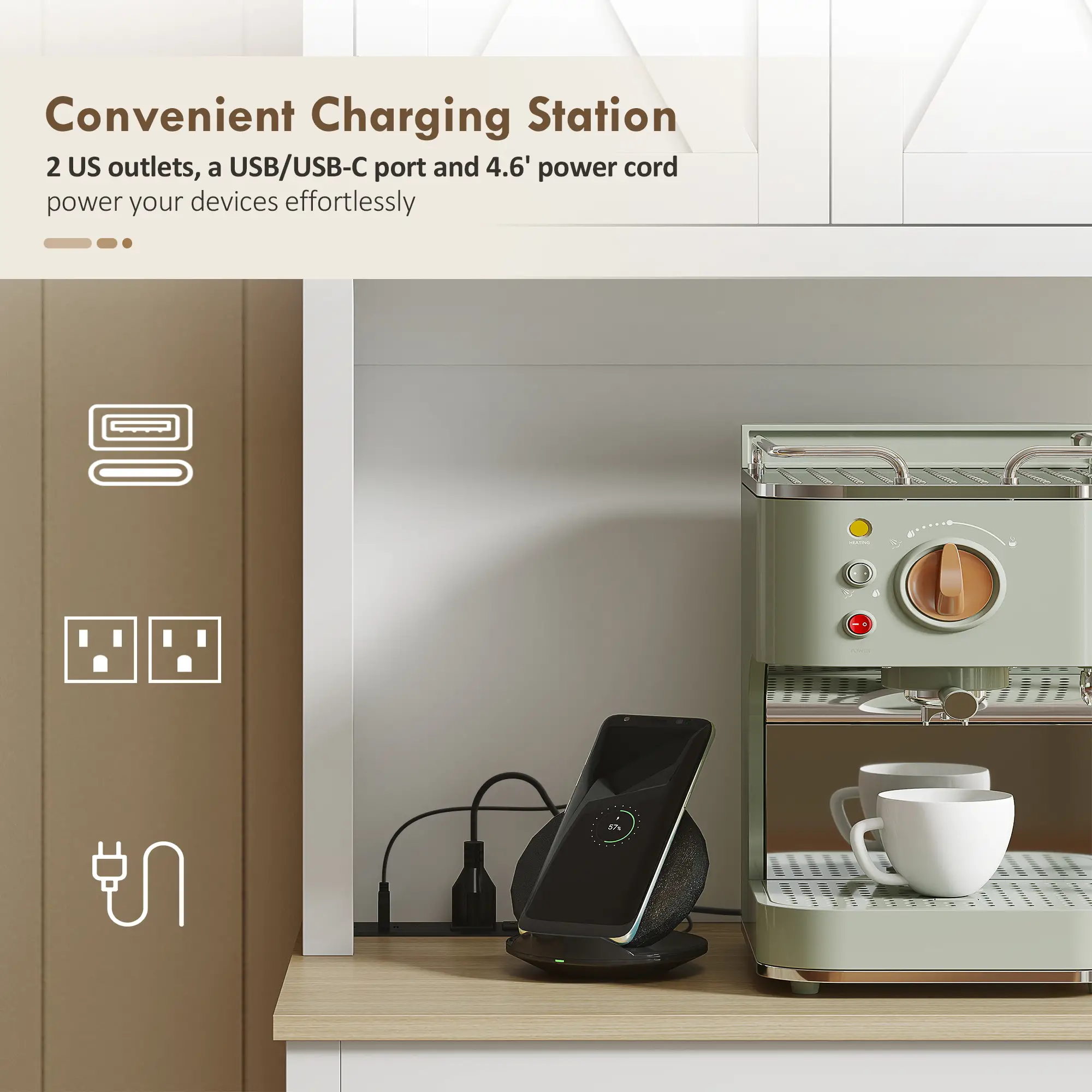 69 Inch Pantry Cabinet with Charging Station, Microwave Stand, Tilt Out Trash Can, White - Image 6