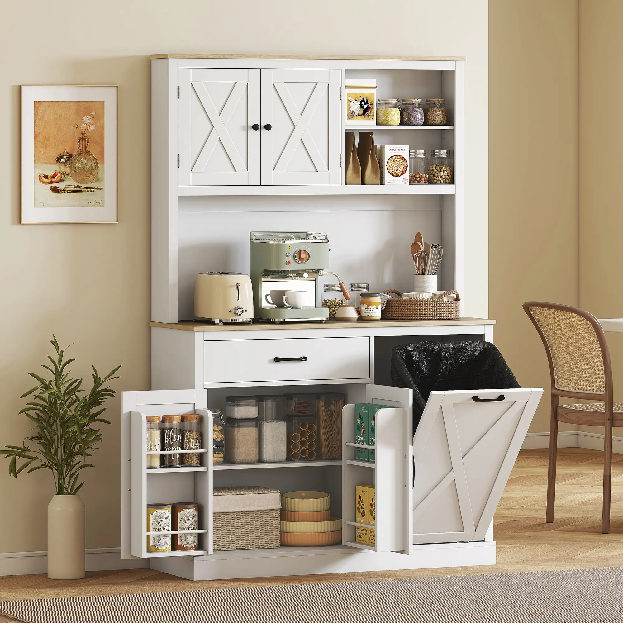 69 Inch Pantry Cabinet with Charging Station, Microwave Stand, Tilt Out Trash Can, White - Image 8