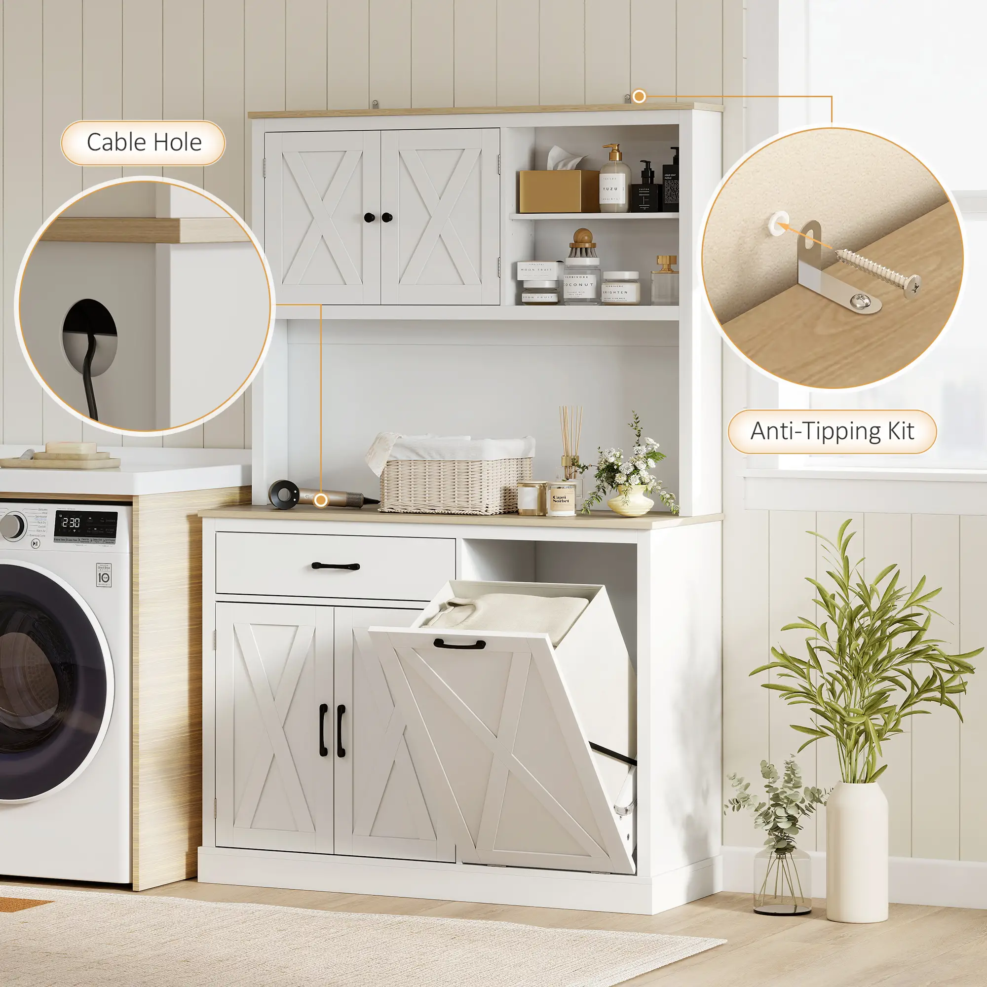 69 Inch Pantry Cabinet with Charging Station, Microwave Stand, Tilt Out Trash Can, White - Image 9