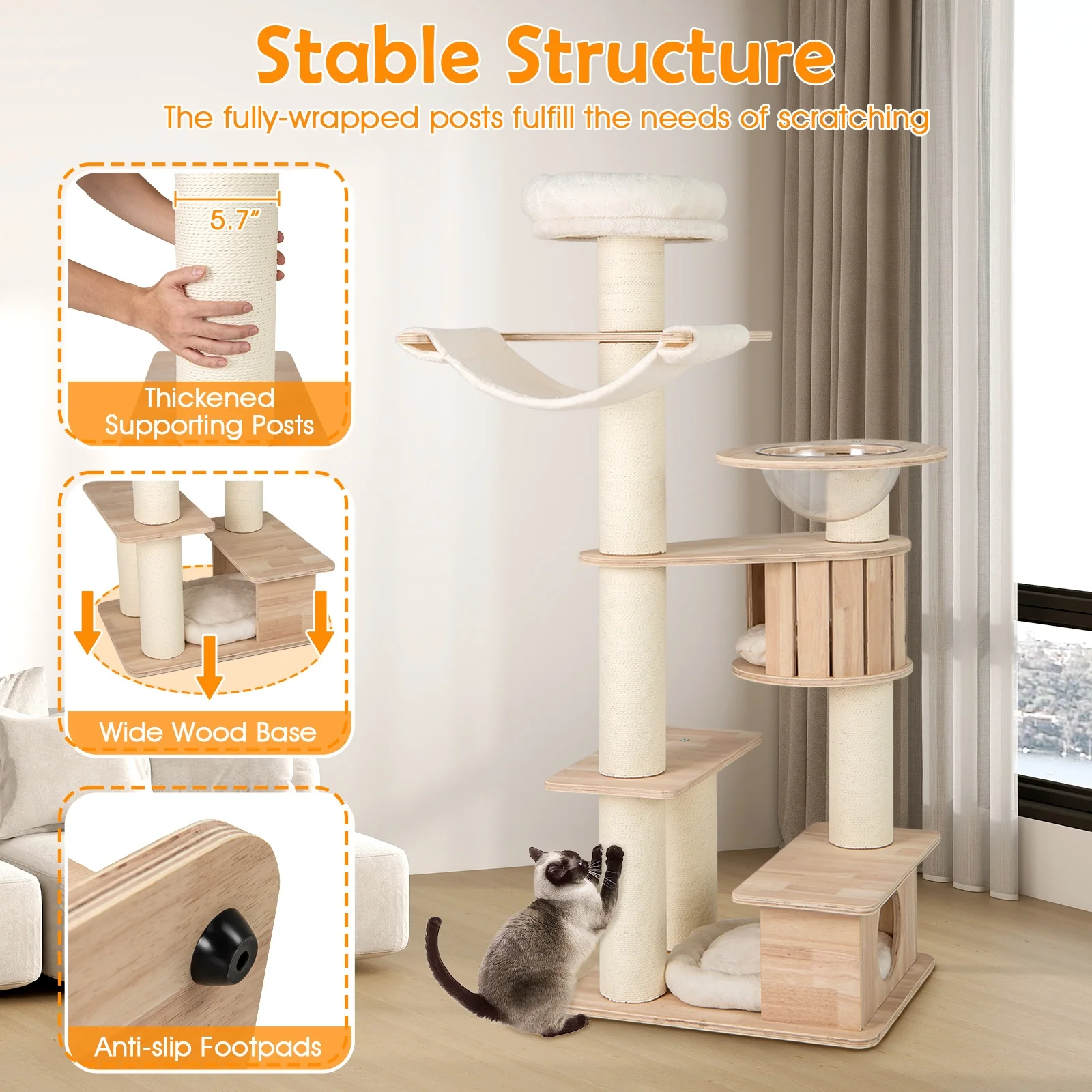 69 Inches Tall Cat Tree, Cozy Top Perch, Washable Plush Cushions, Natural - Image 10