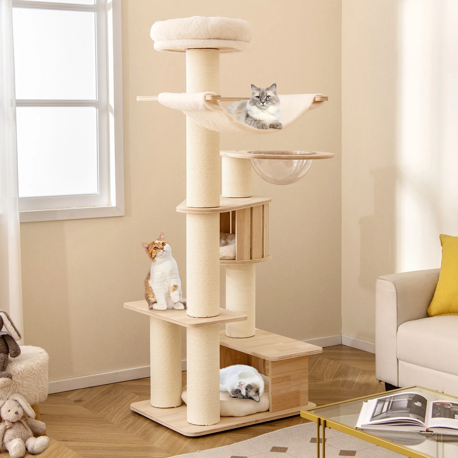 69 Inches Tall Cat Tree, Cozy Top Perch, Washable Plush Cushions, Natural - Image 2
