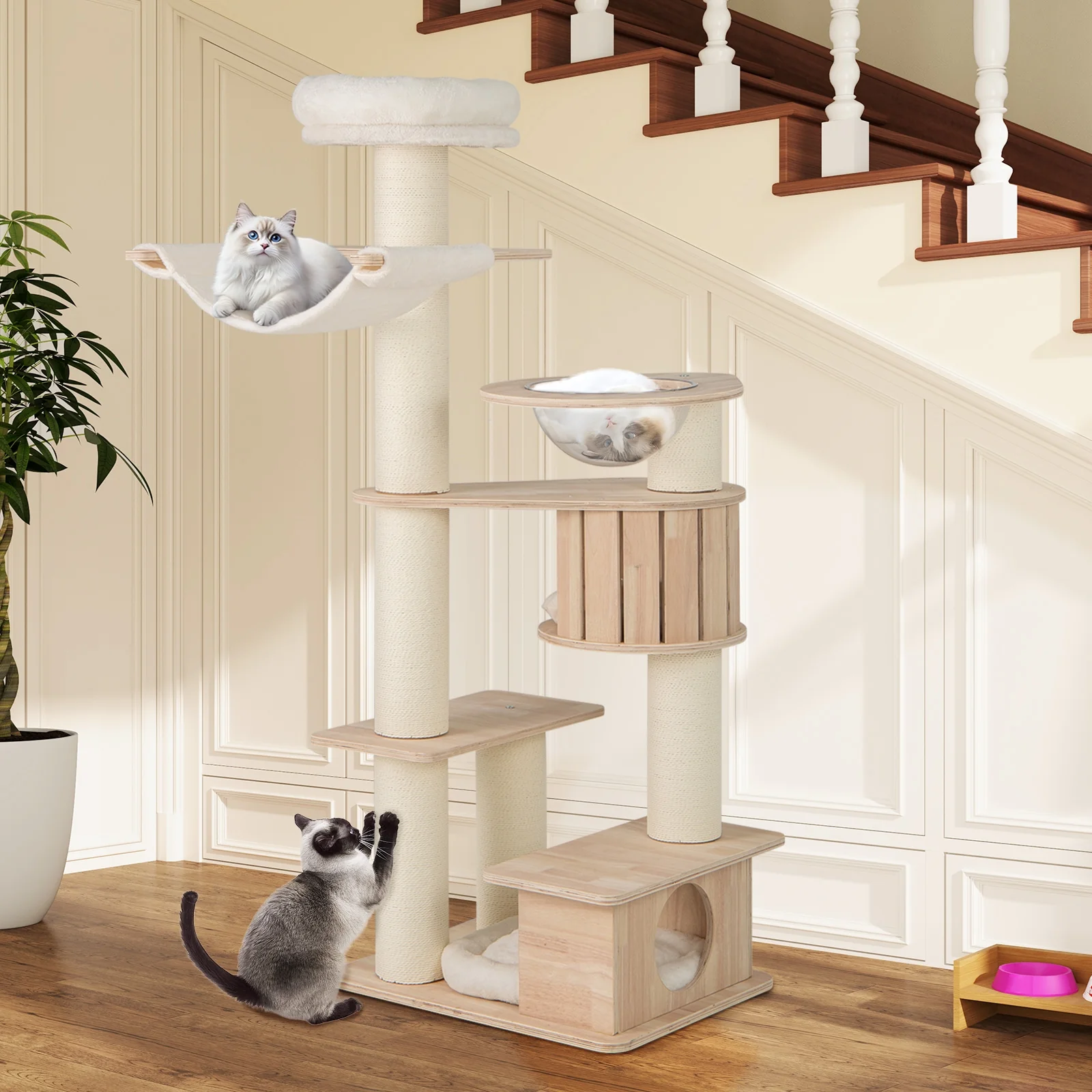 69 Inches Tall Cat Tree, Cozy Top Perch, Washable Plush Cushions, Natural - Image 3