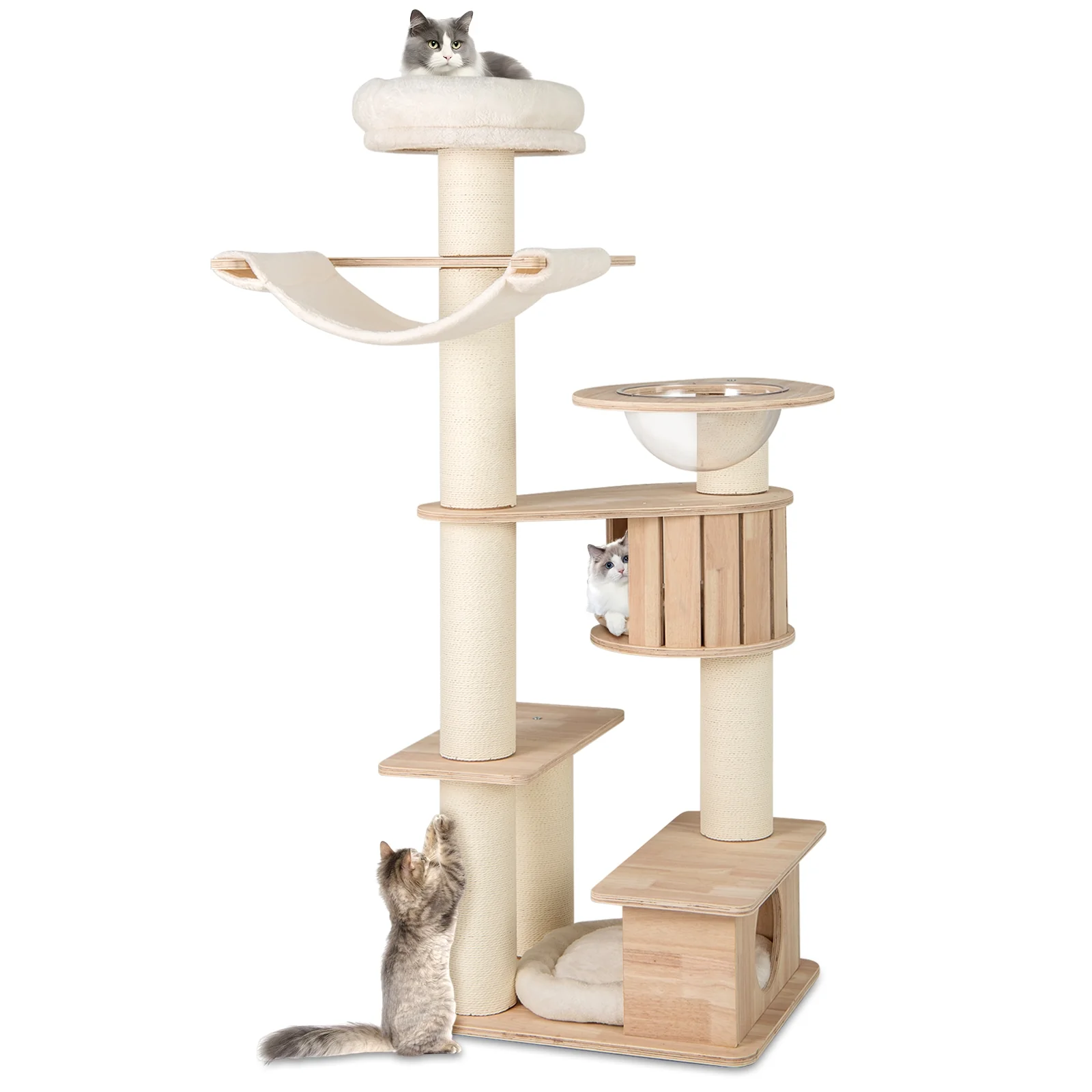 69 Inches Tall Cat Tree, Cozy Top Perch, Washable Plush Cushions, Natural - Image 4