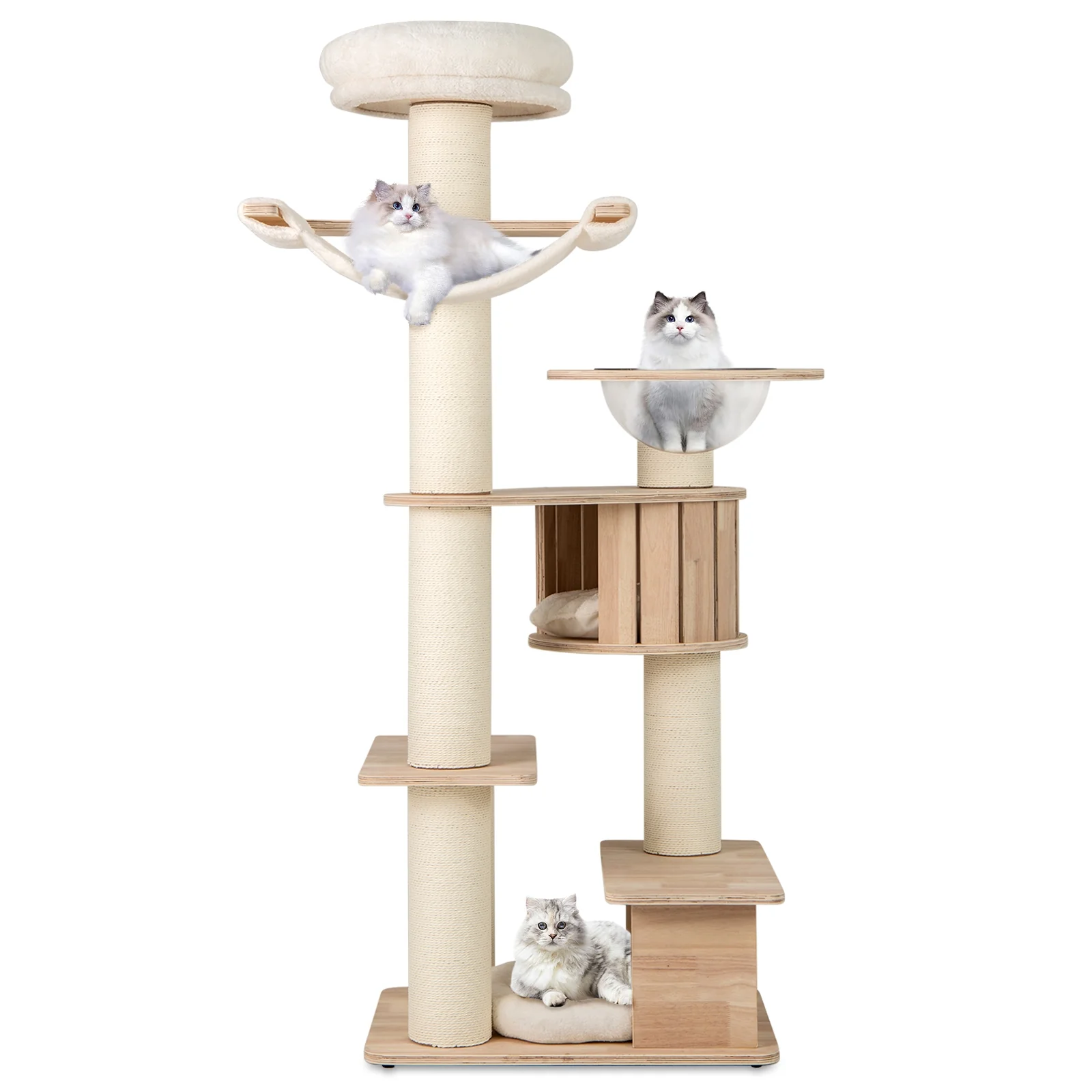 69 Inches Tall Cat Tree, Cozy Top Perch, Washable Plush Cushions, Natural - Image 5