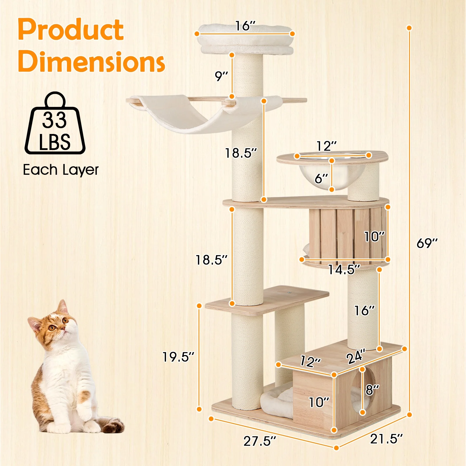 69 Inches Tall Cat Tree, Cozy Top Perch, Washable Plush Cushions, Natural - Image 6
