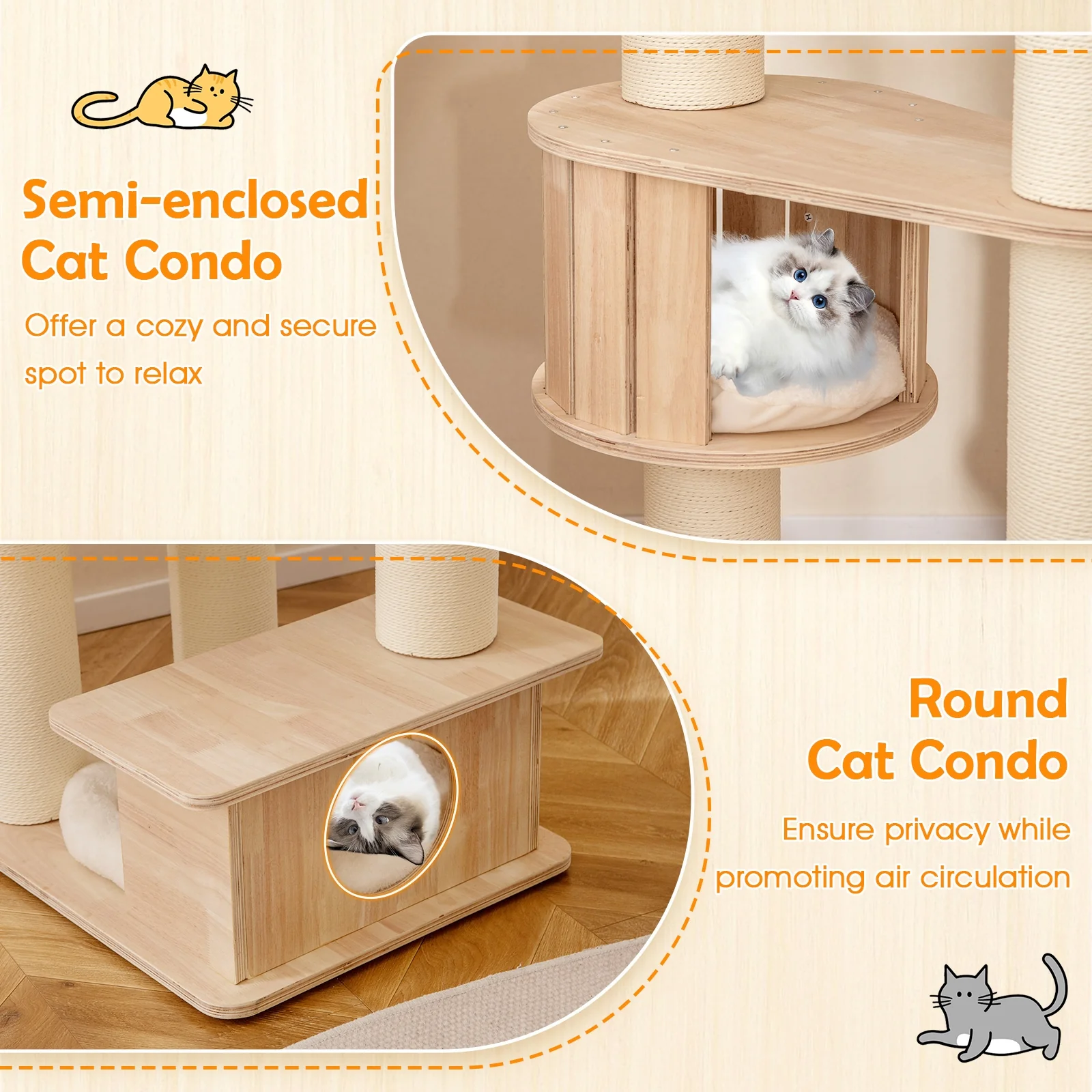 69 Inches Tall Cat Tree, Cozy Top Perch, Washable Plush Cushions, Natural - Image 7