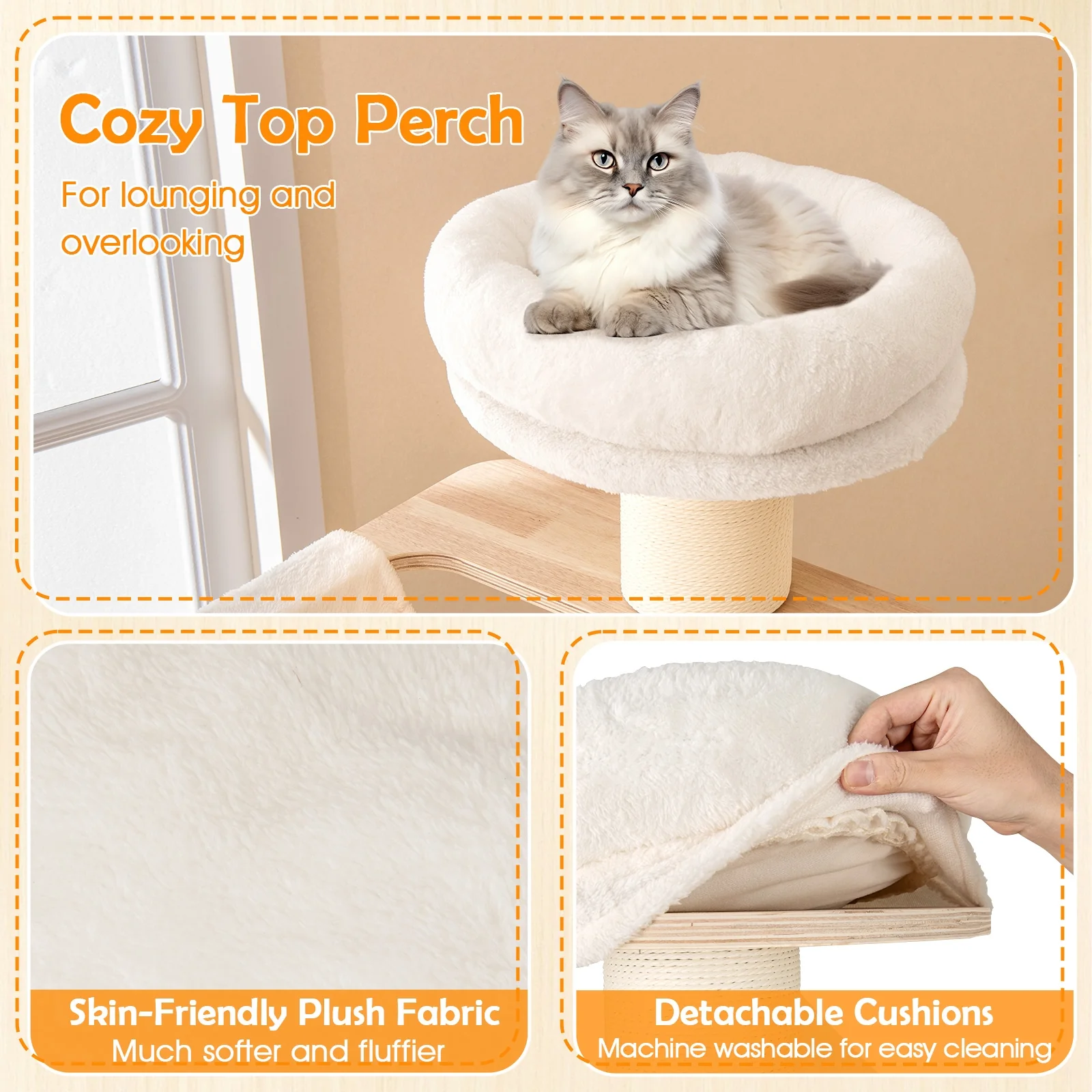 69 Inches Tall Cat Tree, Cozy Top Perch, Washable Plush Cushions, Natural - Image 8