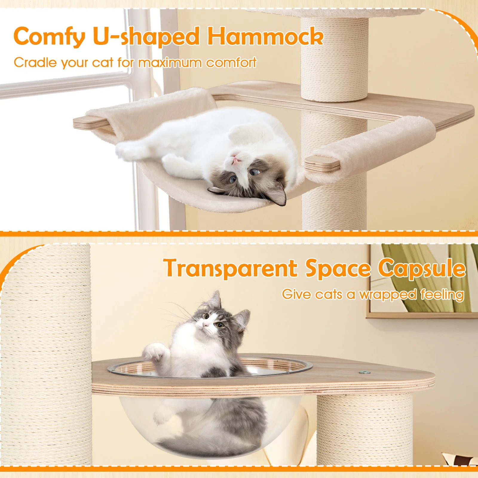 69 Inches Tall Cat Tree, Cozy Top Perch, Washable Plush Cushions, Natural - Image 9