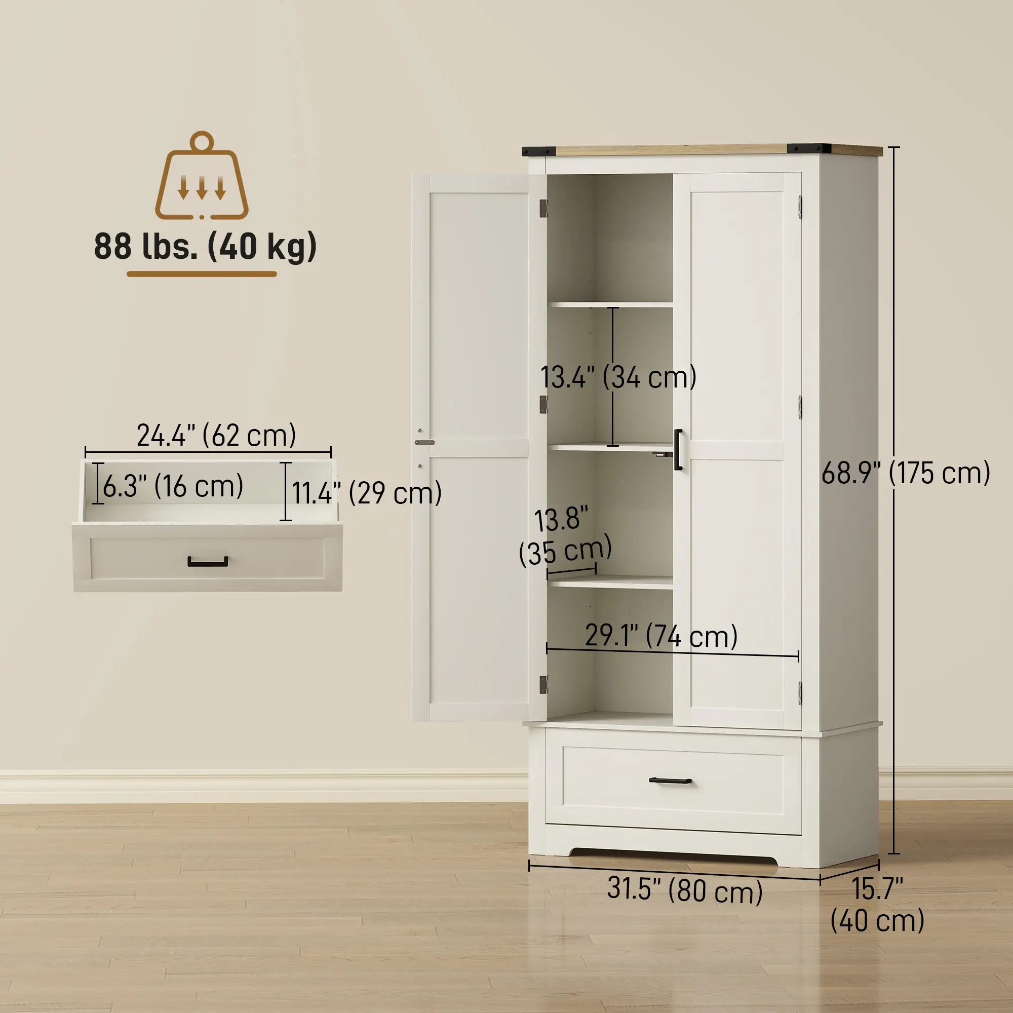69" Tall Farmhouse Pantry Cabinet, 2 Doors, Drawer, Cream White - Image 3
