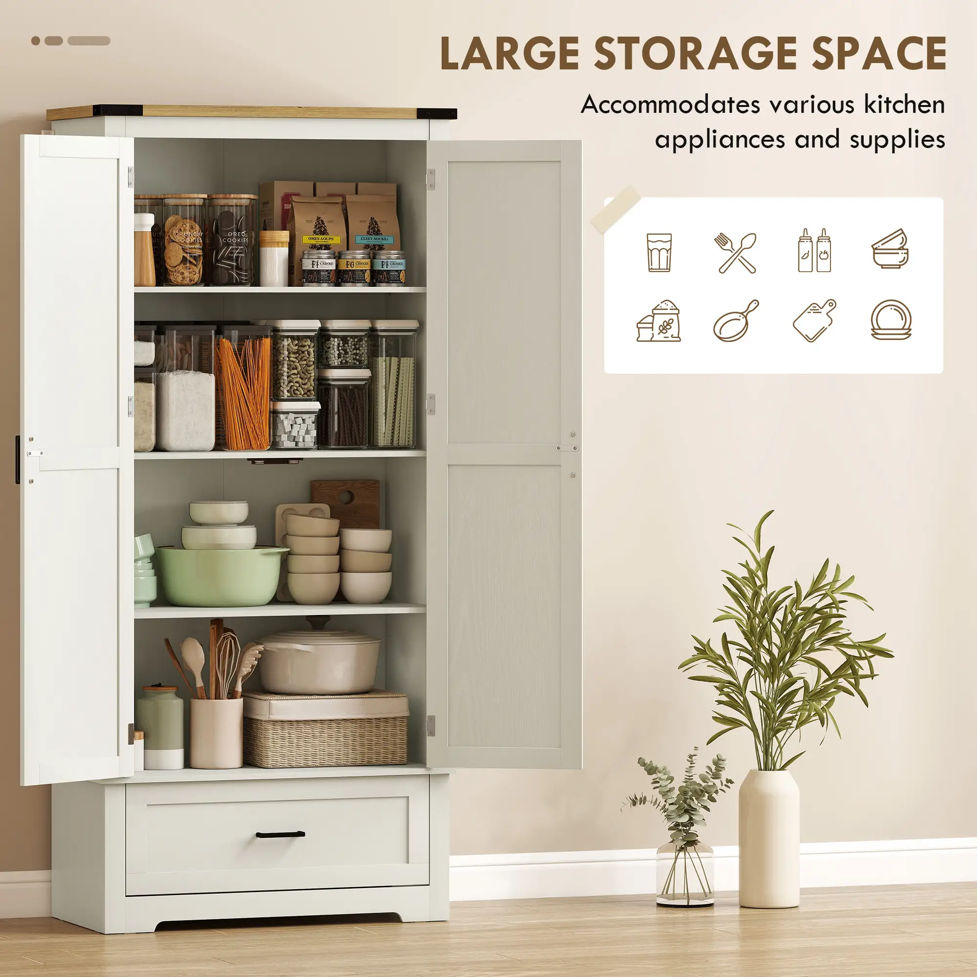 69" Tall Farmhouse Pantry Cabinet, 2 Doors, Drawer, Cream White - Image 4