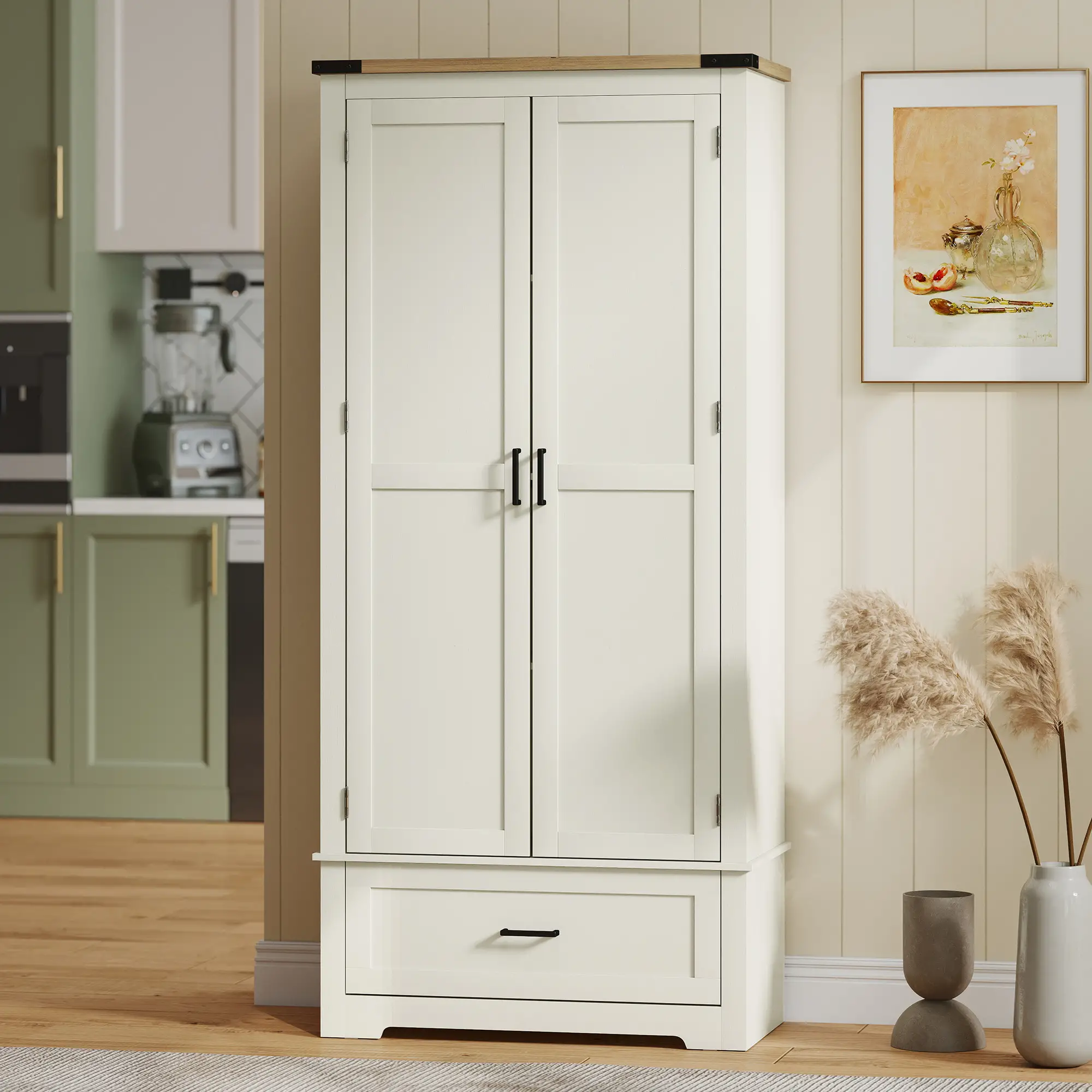 69" Tall Farmhouse Pantry Cabinet, 2 Doors, Drawer, Cream White - Image 8